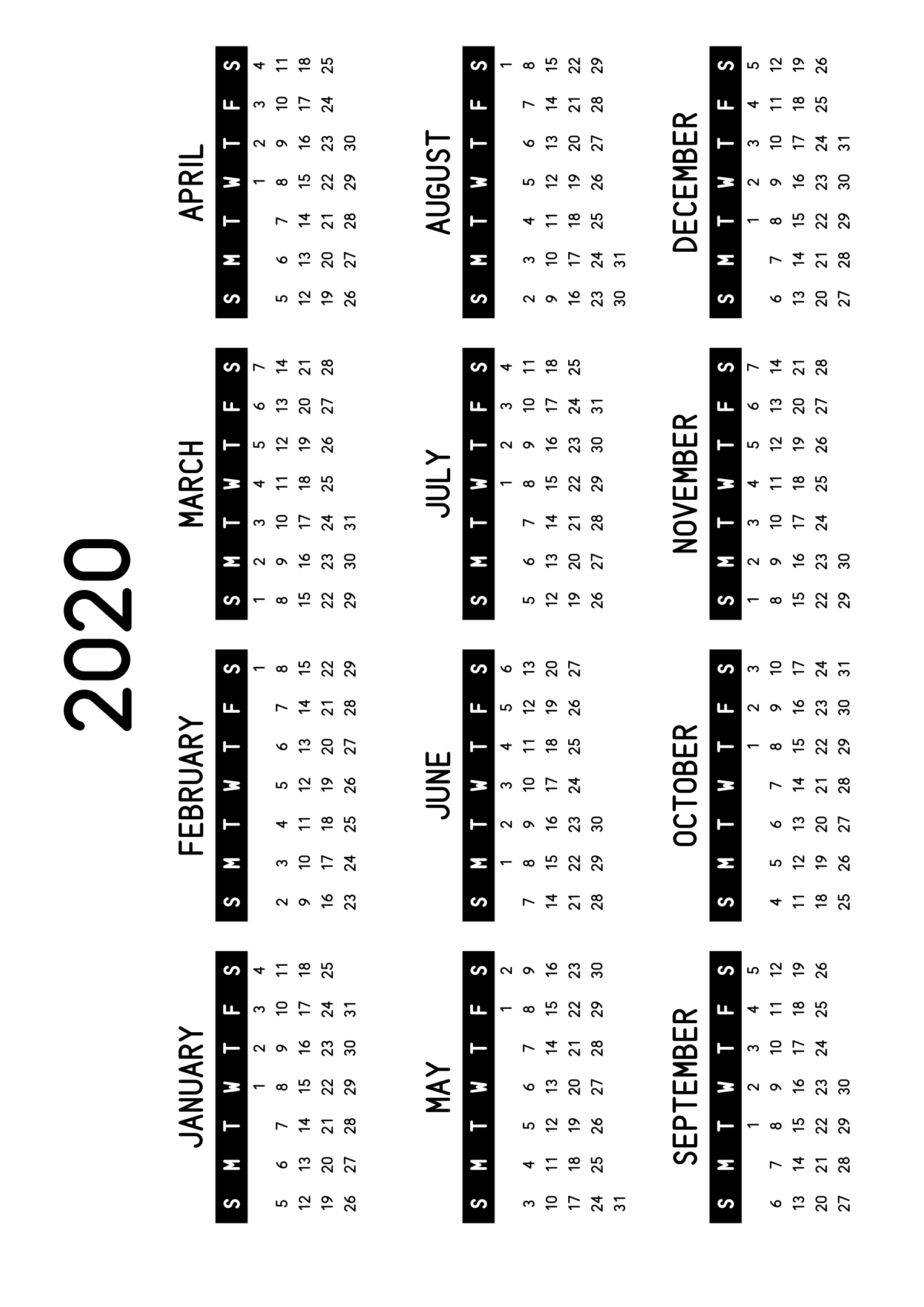 The twelve months of 2020 on one page, the days of the week in white on a black band, four months across and three rows, read in landscape once the sheet is turned. Design: Banded, Horizontal.