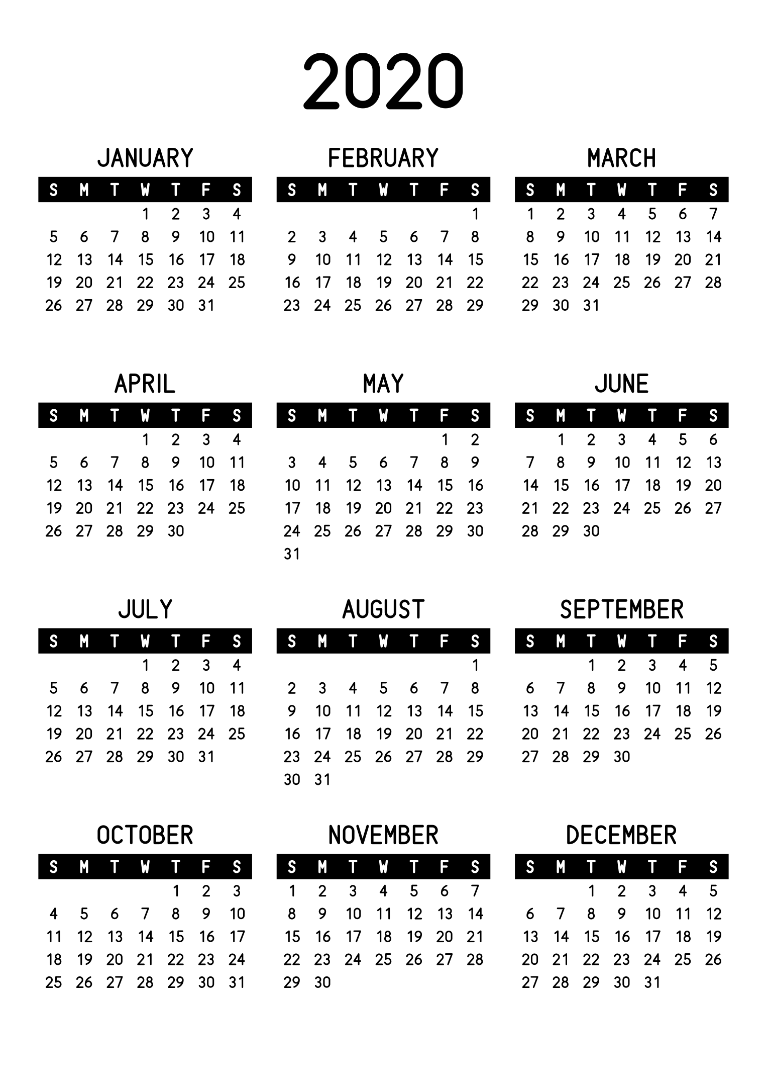 The twelve months of 2020 on one page, the days of the week in white on a black band, three months across and four rows, read in portrait. Design: Banded, Vertical.