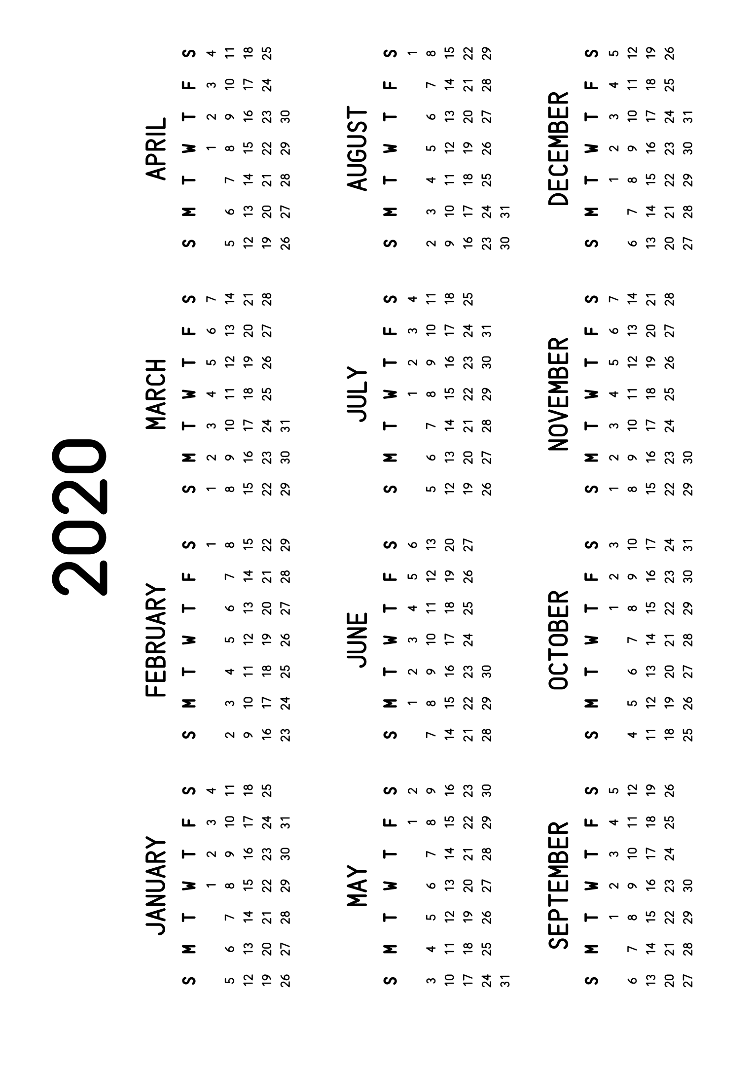 The twelve months of 2020 on one page, the dates set in clean rows, with no lines at all, four months across and three rows, read in landscape once the sheet is turned. Design: Classic, Horizontal.