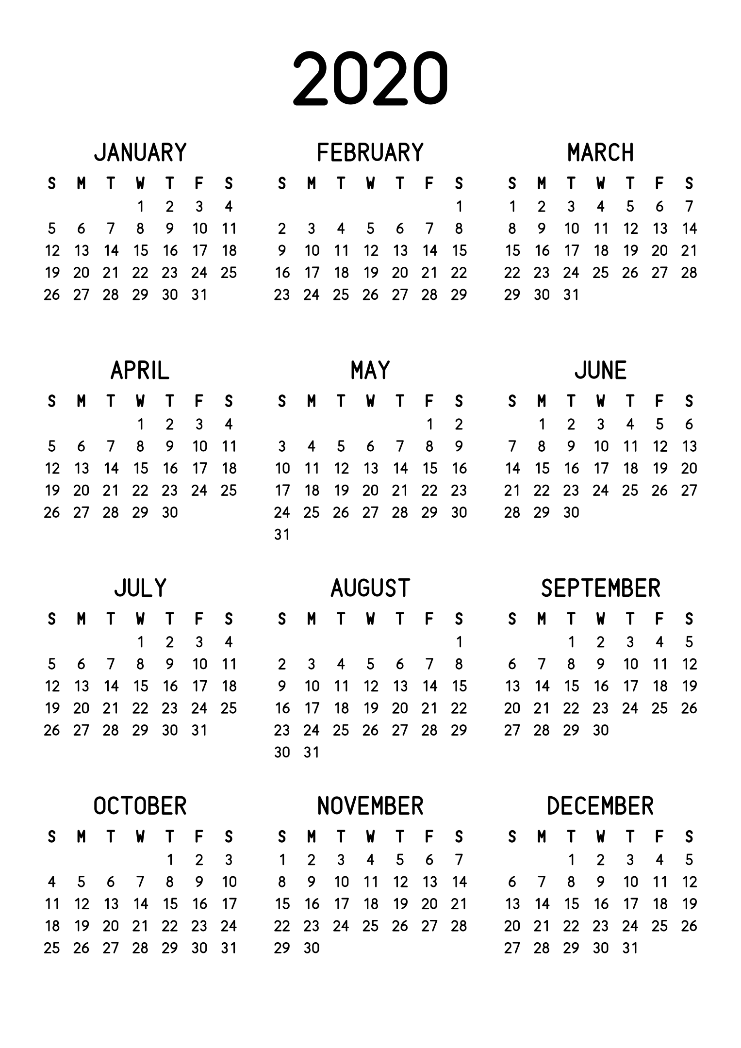 The twelve months of 2020 on one page, the dates set in clean rows, with no lines at all, three months across and four rows, read in portrait. Design: Classic, Vertical.
