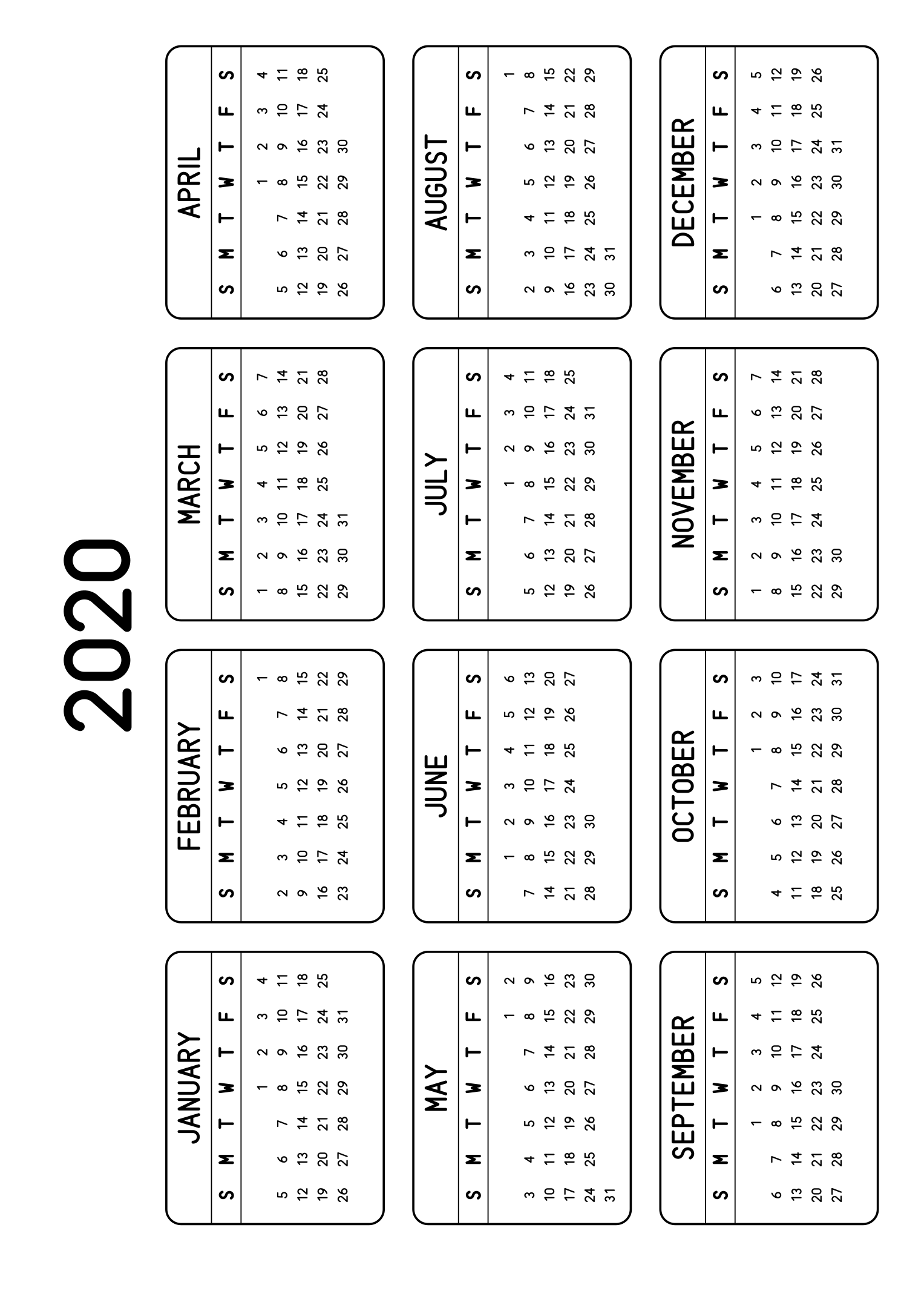 The twelve months of 2020 on one page, each month inside a rounded frame, four months across and three rows, read in landscape once the sheet is turned. Design: Framed, Horizontal.
