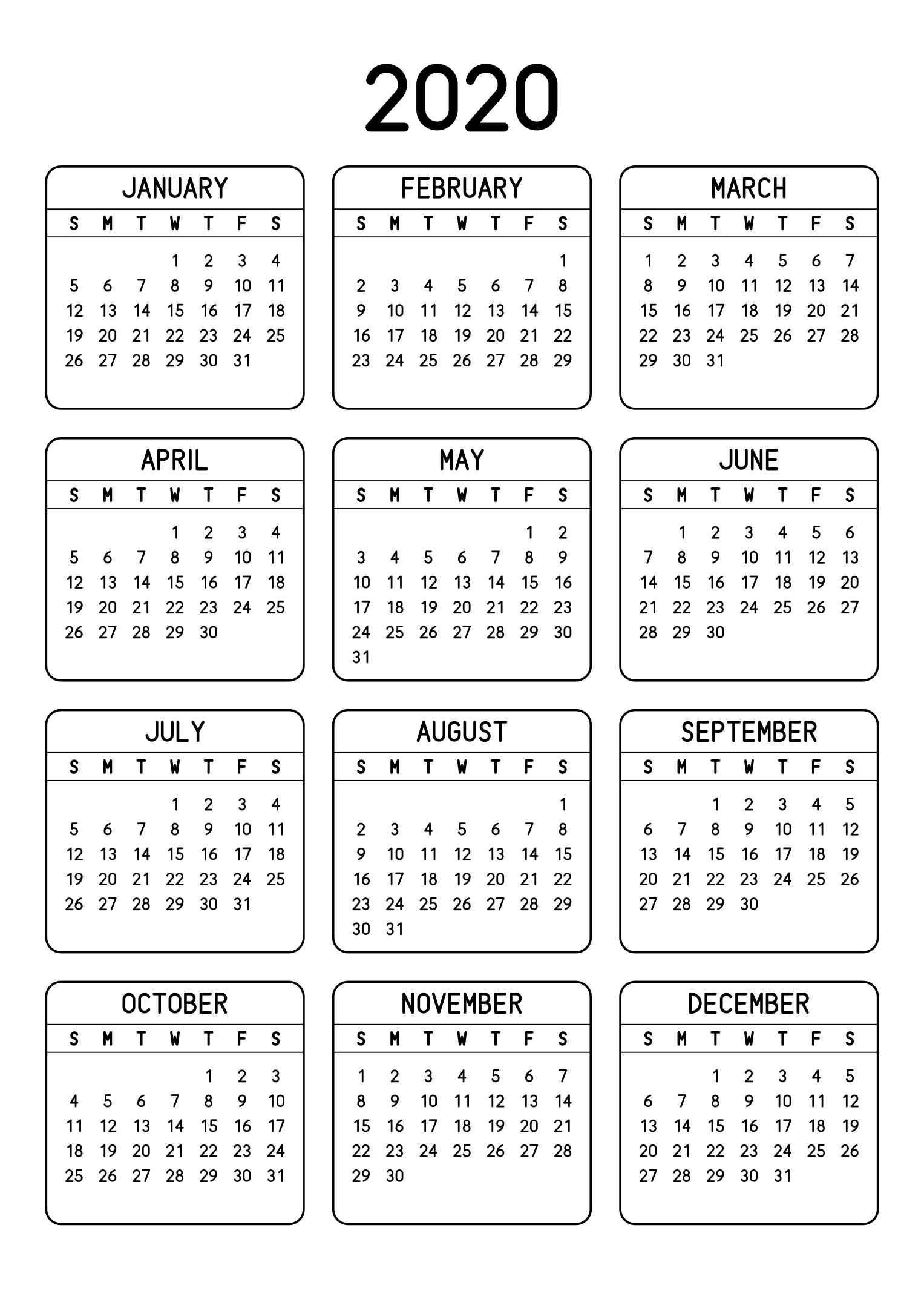 The twelve months of 2020 on one page, each month inside a rounded frame, three months across and four rows, read in portrait. Design: Framed, Vertical.