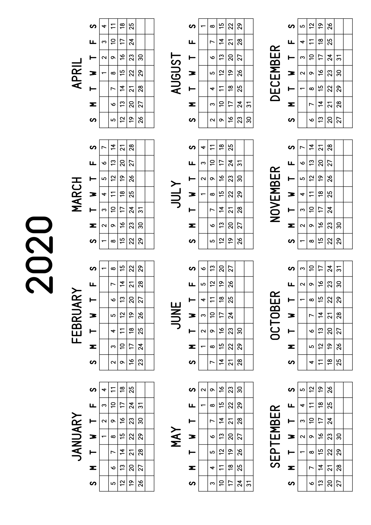 The twelve months of 2020 on one page, every day in its own cell, the weeks drawn as a grid, four months across and three rows, read in landscape once the sheet is turned. Design: Grid, Horizontal.