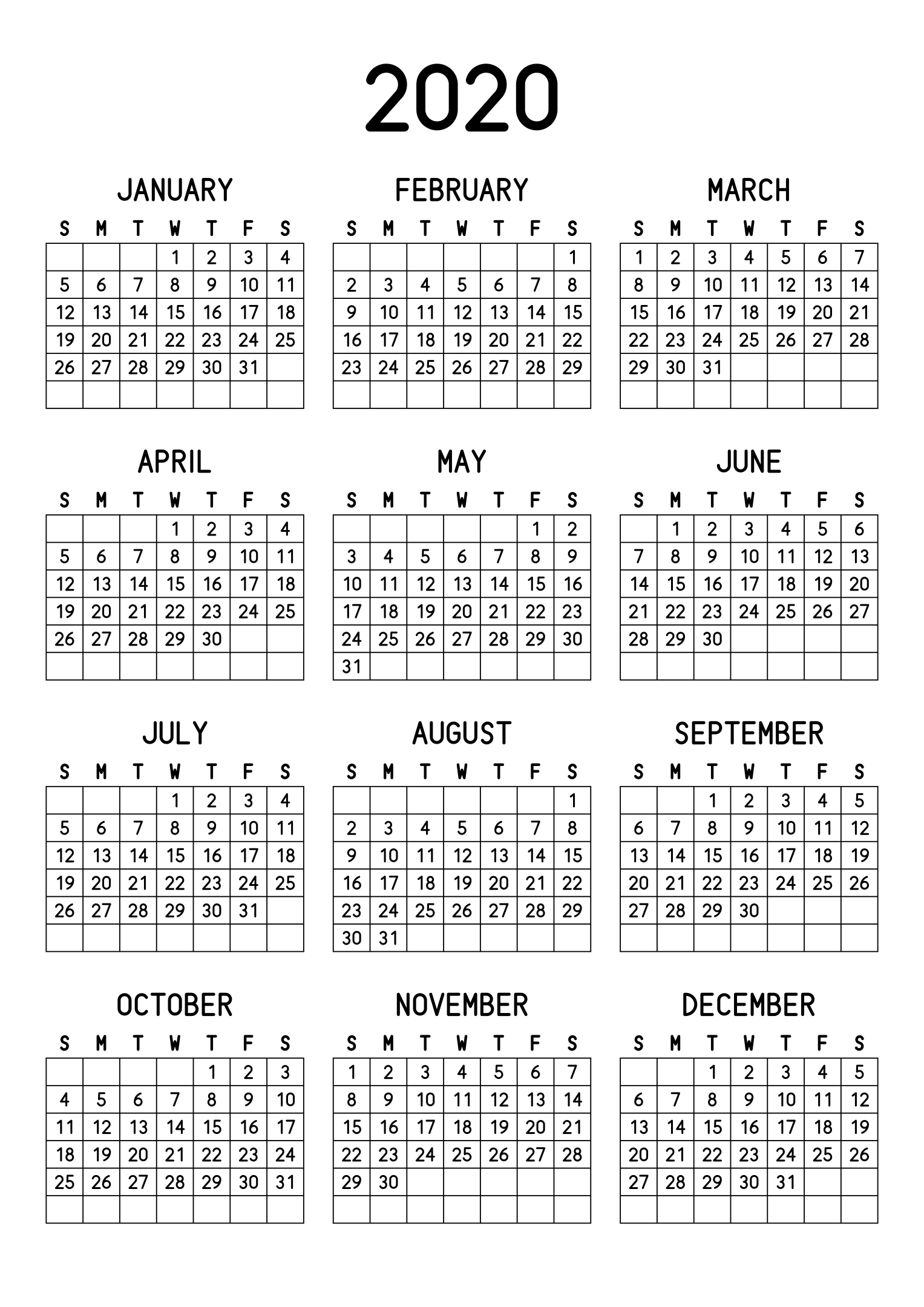 The twelve months of 2020 on one page, every day in its own cell, the weeks drawn as a grid, three months across and four rows, read in portrait. Design: Grid, Vertical.