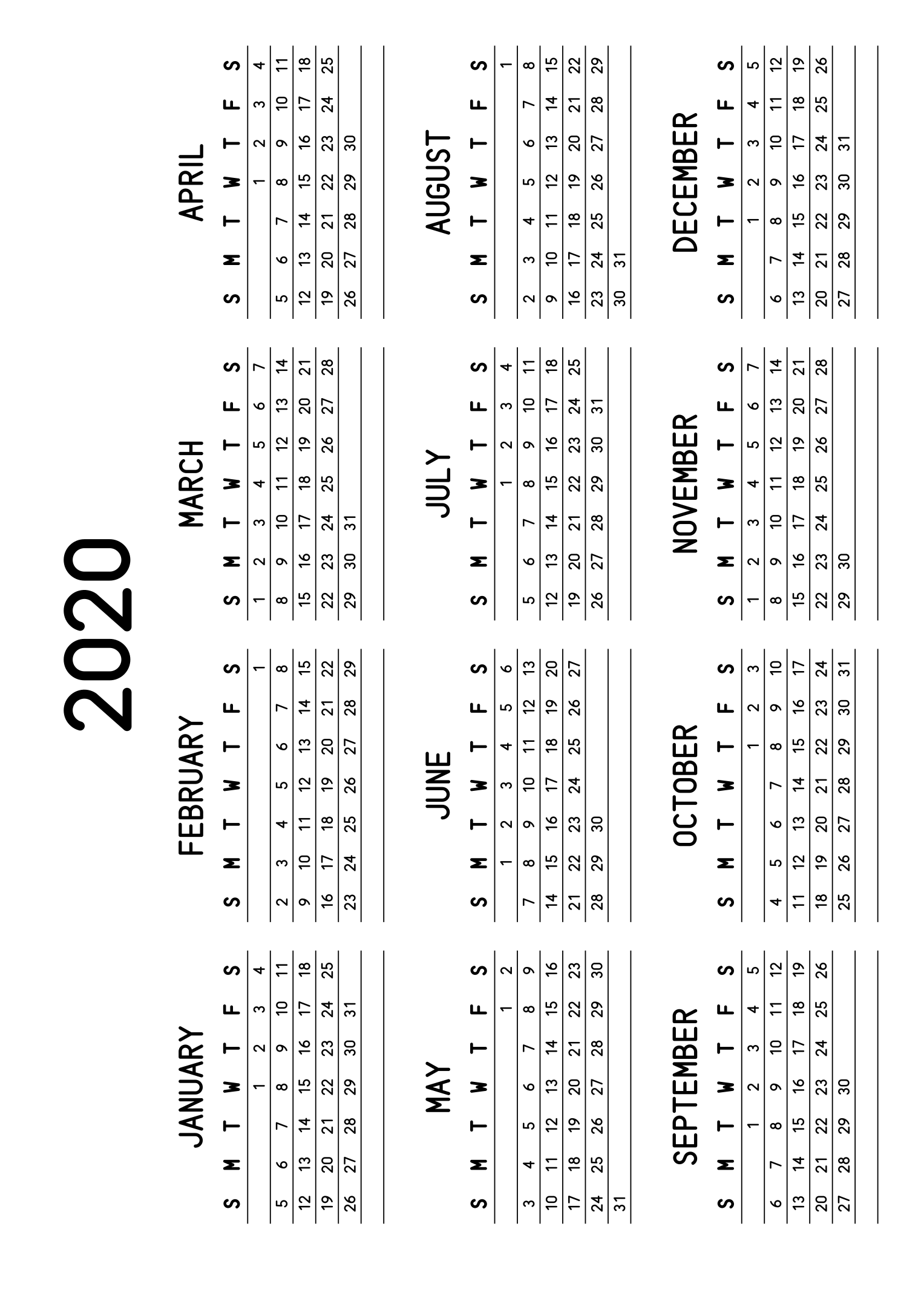 The twelve months of 2020 on one page, a fine line under each week, like a planner, four months across and three rows, read in landscape once the sheet is turned. Design: Lined, Horizontal.