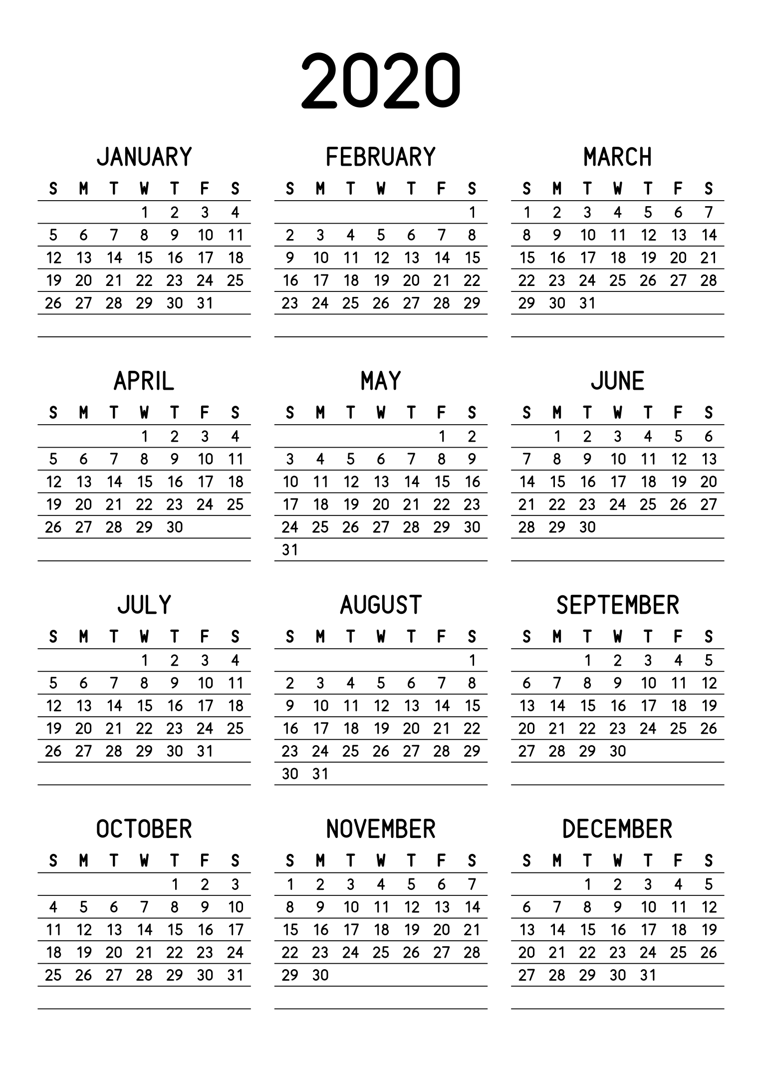 The twelve months of 2020 on one page, a fine line under each week, like a planner, three months across and four rows, read in portrait. Design: Lined, Vertical.