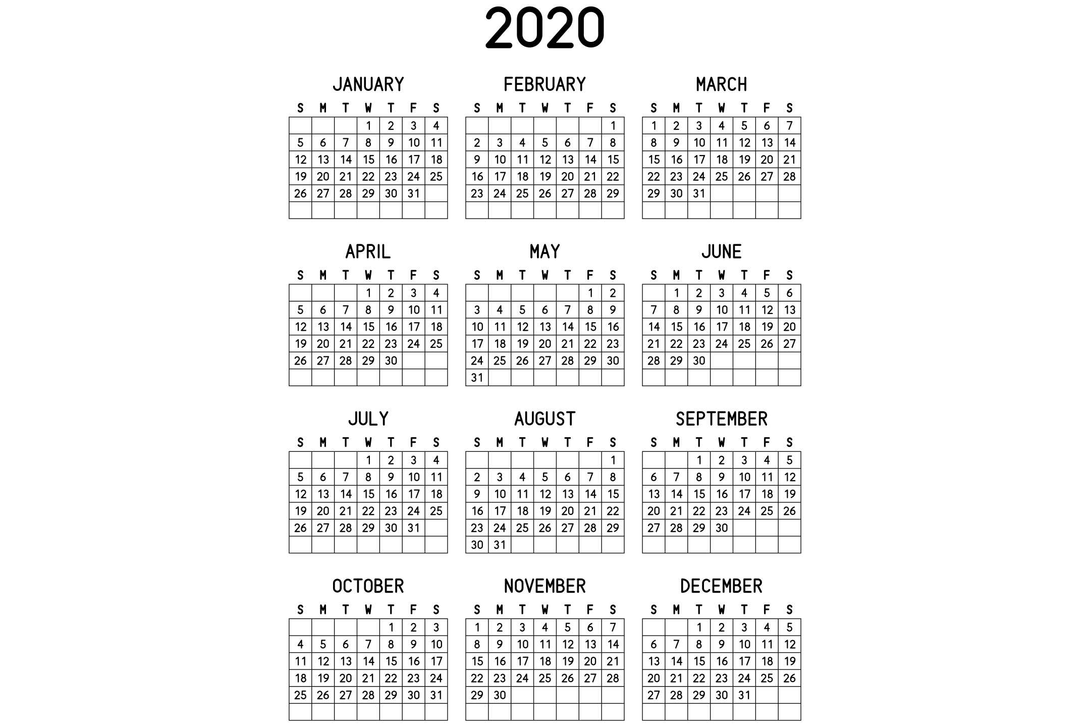 A printable 2020 calendar with the twelve months on one page, in black and white.