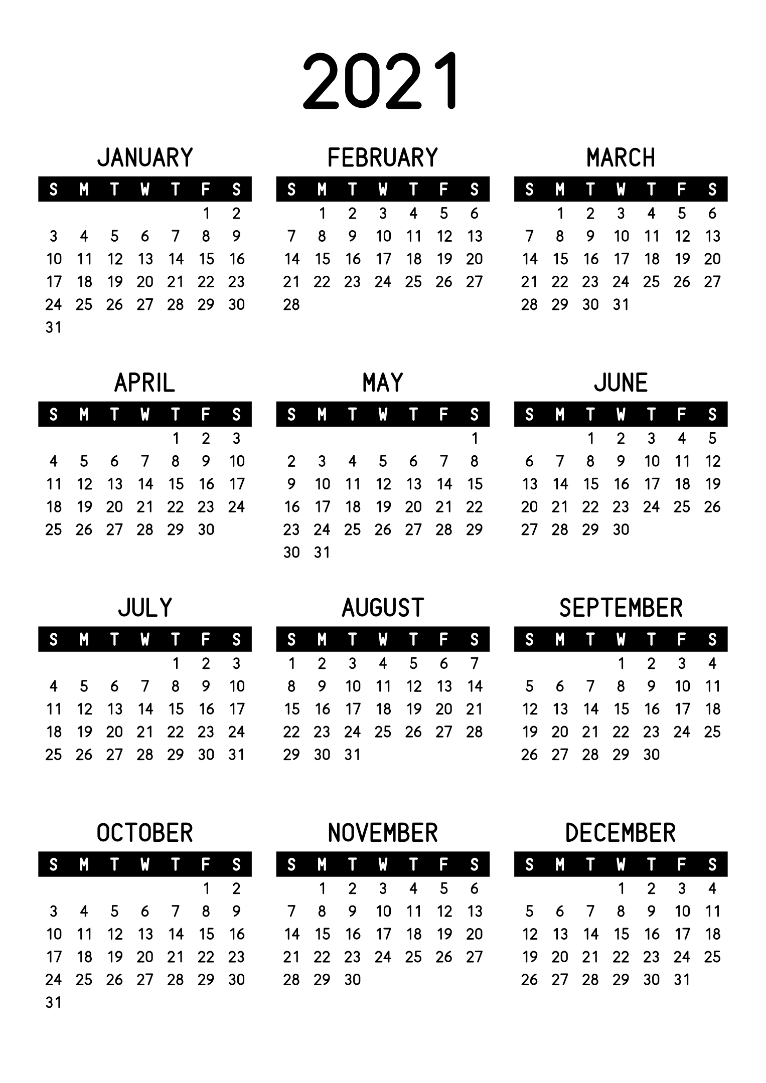 The twelve months of 2021 on one page, the days of the week in white on a black band, three months across and four rows, read in portrait. Design: Banded, Vertical.