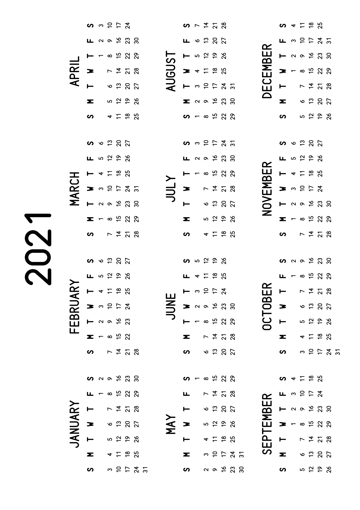 The twelve months of 2021 on one page, the dates set in clean rows, with no lines at all, four months across and three rows, read in landscape once the sheet is turned. Design: Classic, Horizontal.