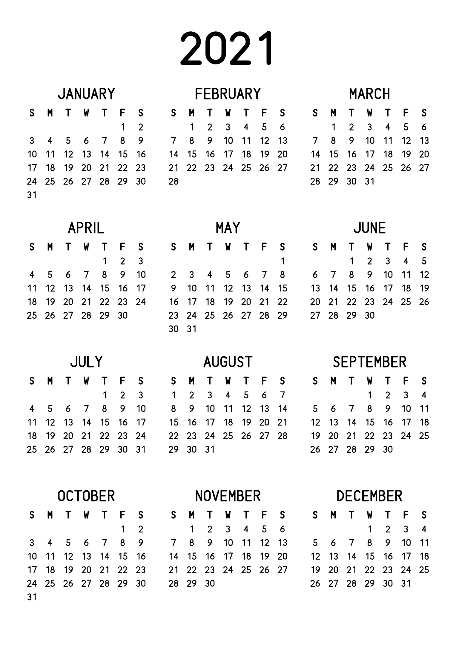 The twelve months of 2021 on one page, the dates set in clean rows, with no lines at all, three months across and four rows, read in portrait. Design: Classic, Vertical.