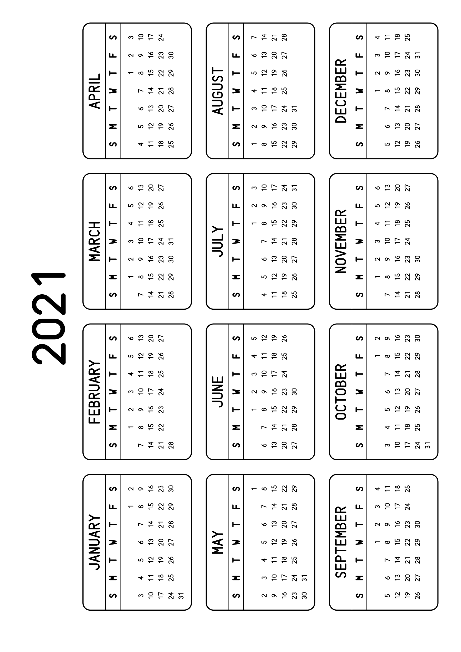 The twelve months of 2021 on one page, each month inside a rounded frame, four months across and three rows, read in landscape once the sheet is turned. Design: Framed, Horizontal.