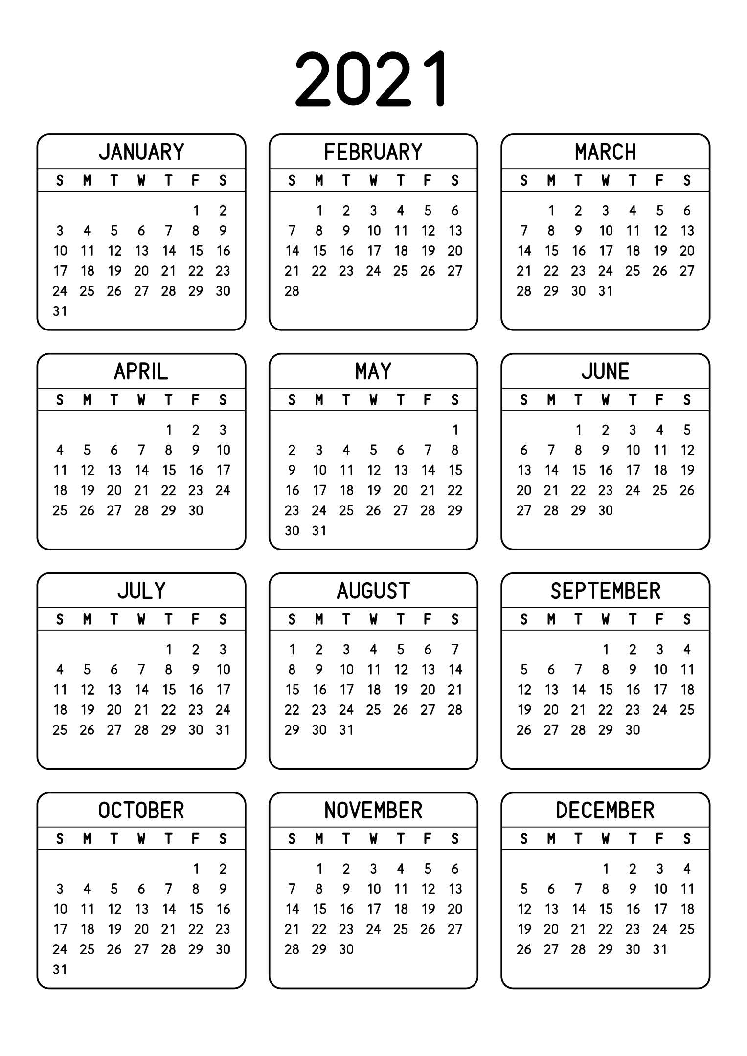 The twelve months of 2021 on one page, each month inside a rounded frame, three months across and four rows, read in portrait. Design: Framed, Vertical.