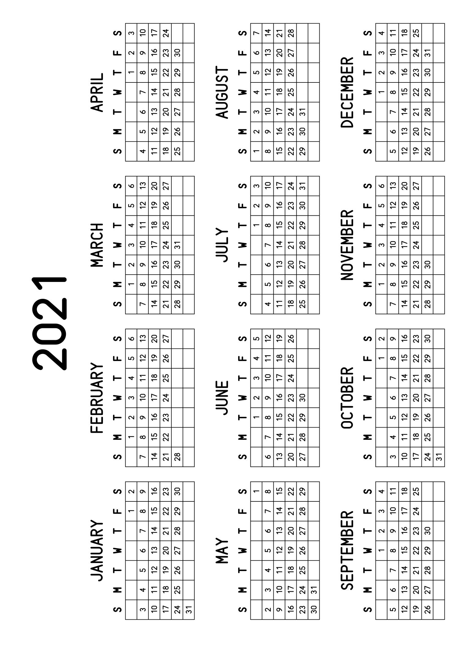 The twelve months of 2021 on one page, every day in its own cell, the weeks drawn as a grid, four months across and three rows, read in landscape once the sheet is turned. Design: Grid, Horizontal.