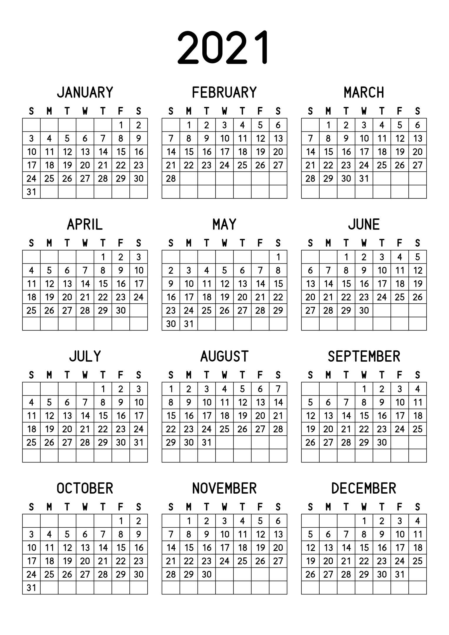 The twelve months of 2021 on one page, every day in its own cell, the weeks drawn as a grid, three months across and four rows, read in portrait. Design: Grid, Vertical.
