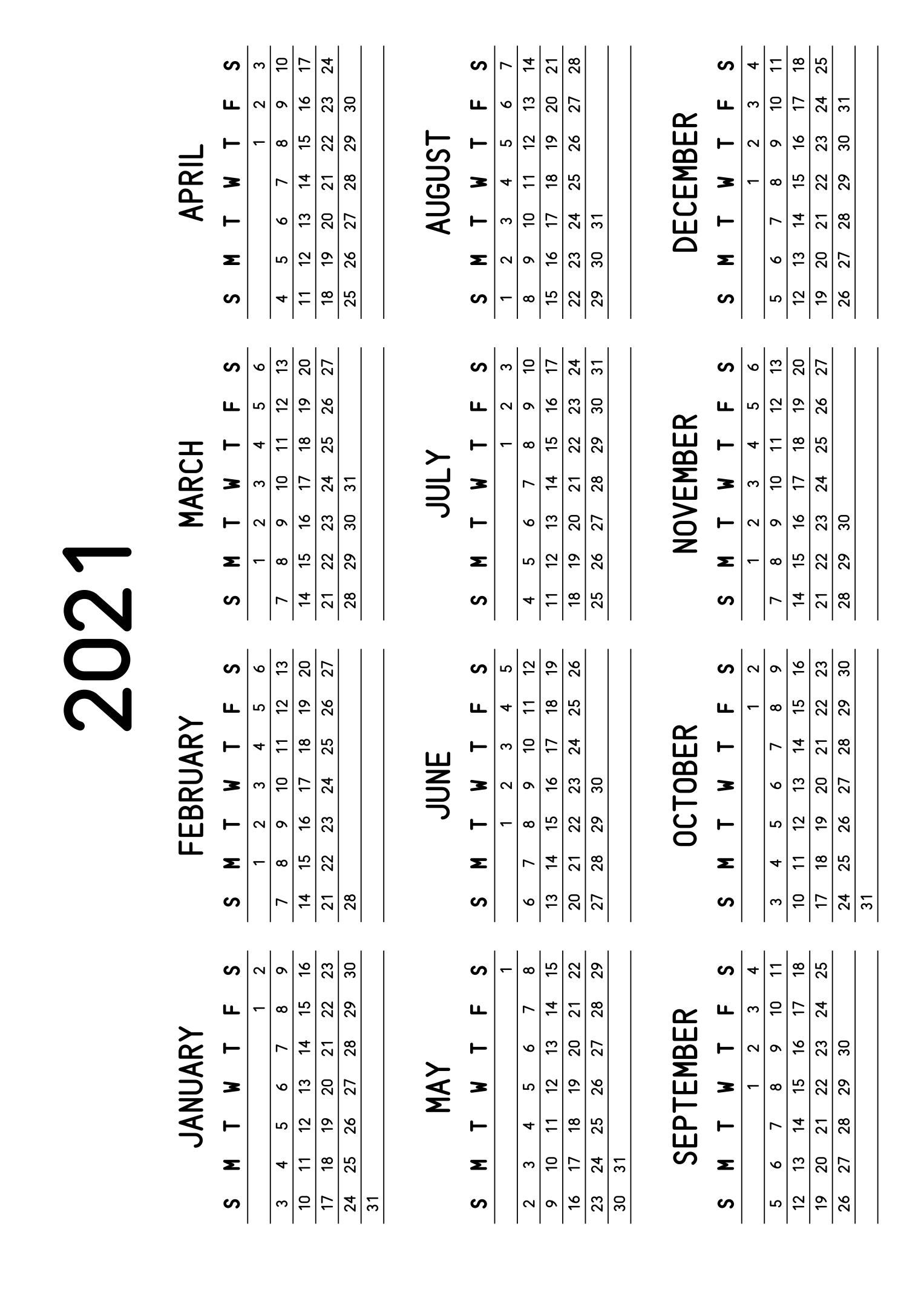 The twelve months of 2021 on one page, a fine line under each week, like a planner, four months across and three rows, read in landscape once the sheet is turned. Design: Lined, Horizontal.