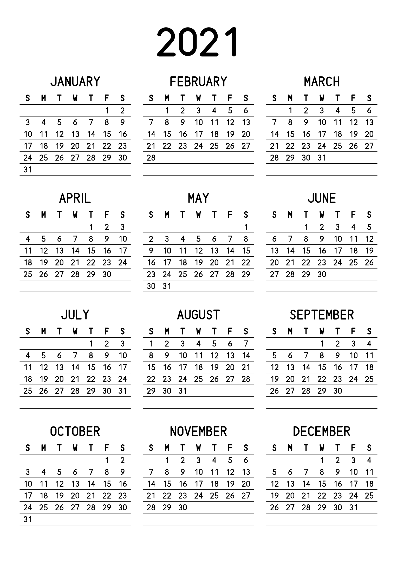 The twelve months of 2021 on one page, a fine line under each week, like a planner, three months across and four rows, read in portrait. Design: Lined, Vertical.