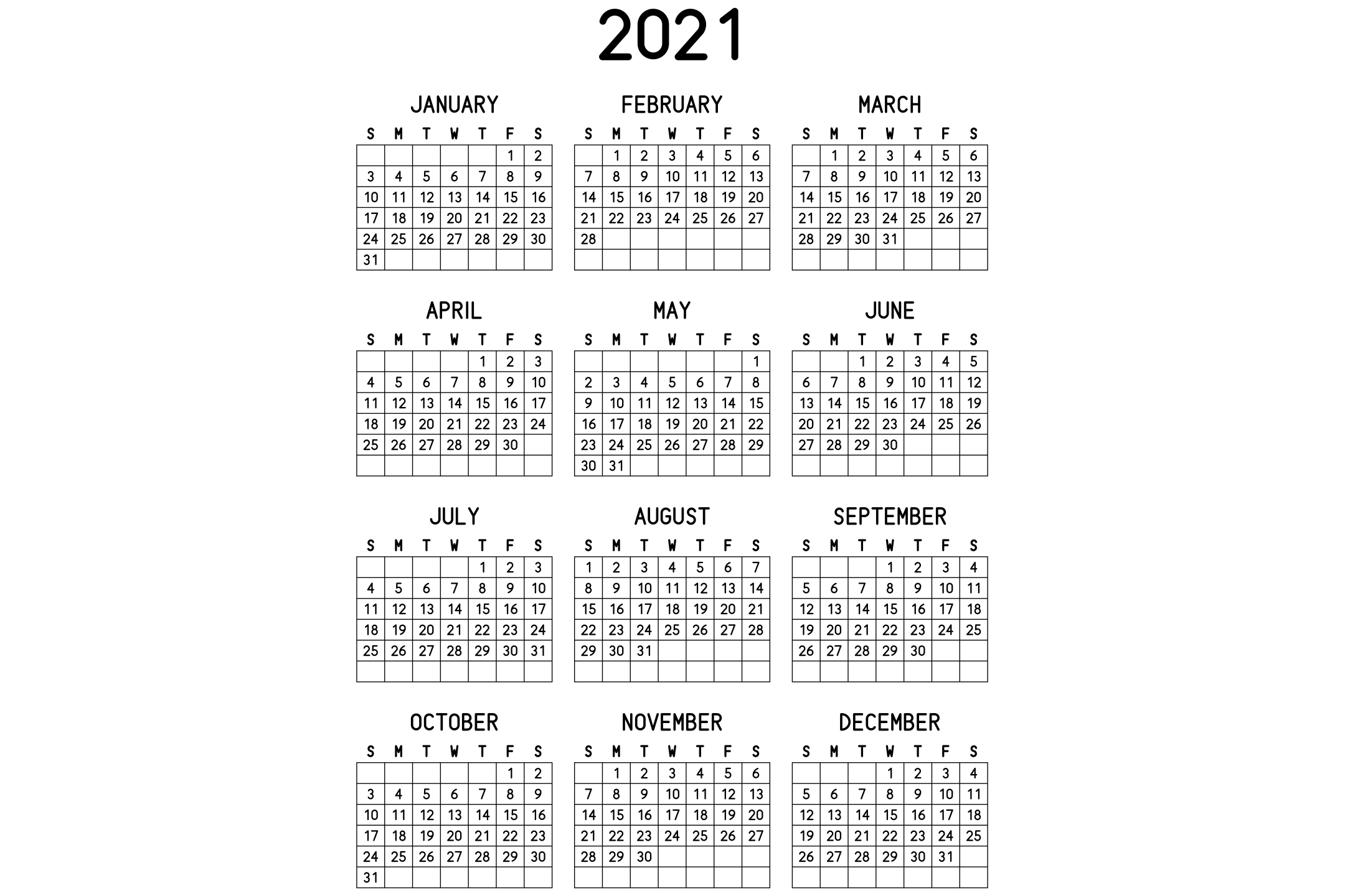 A printable 2021 calendar with the twelve months on one page, in black and white.