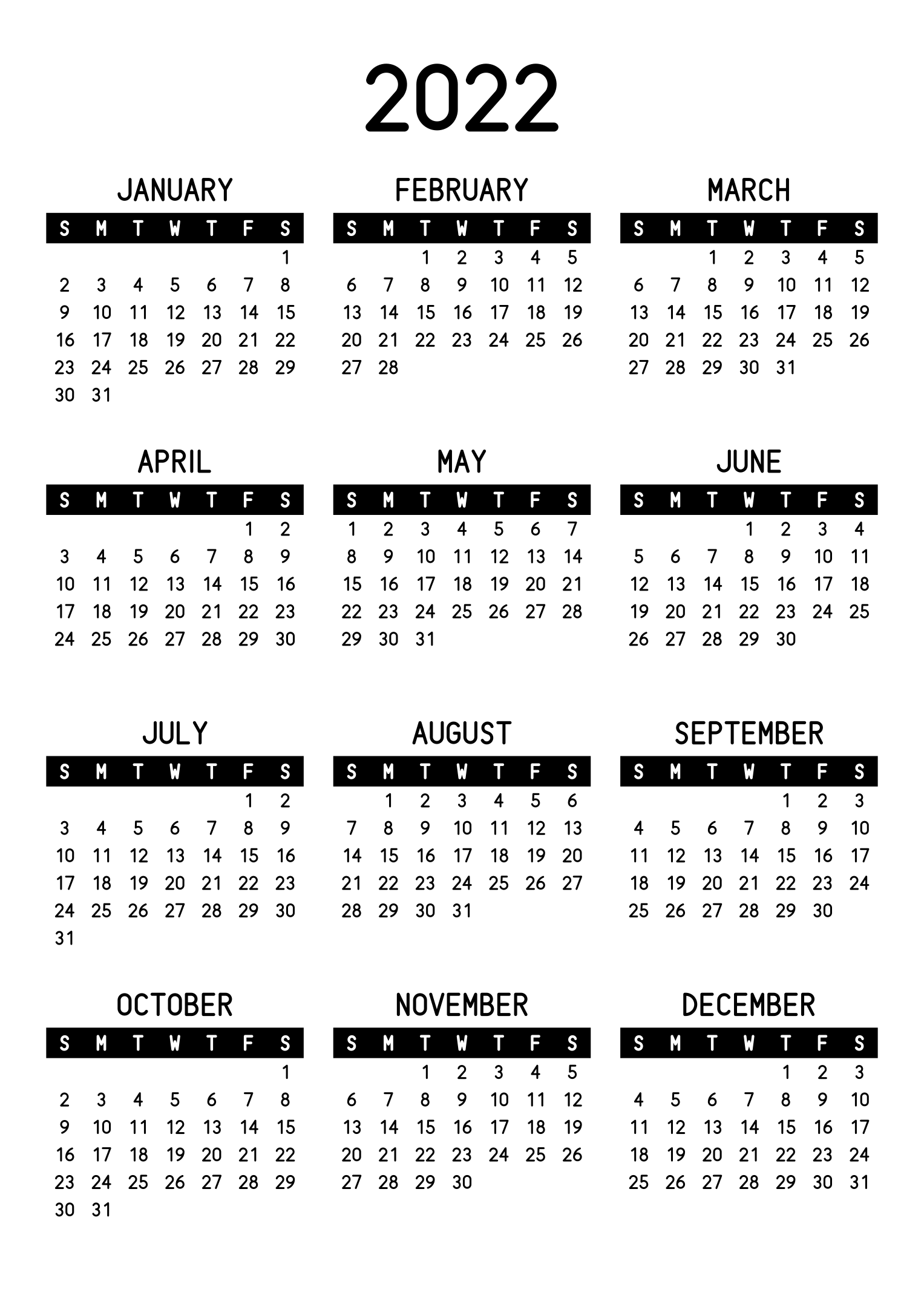 The twelve months of 2022 on one page, the days of the week in white on a black band, three months across and four rows, read in portrait. Design: Banded, Vertical.