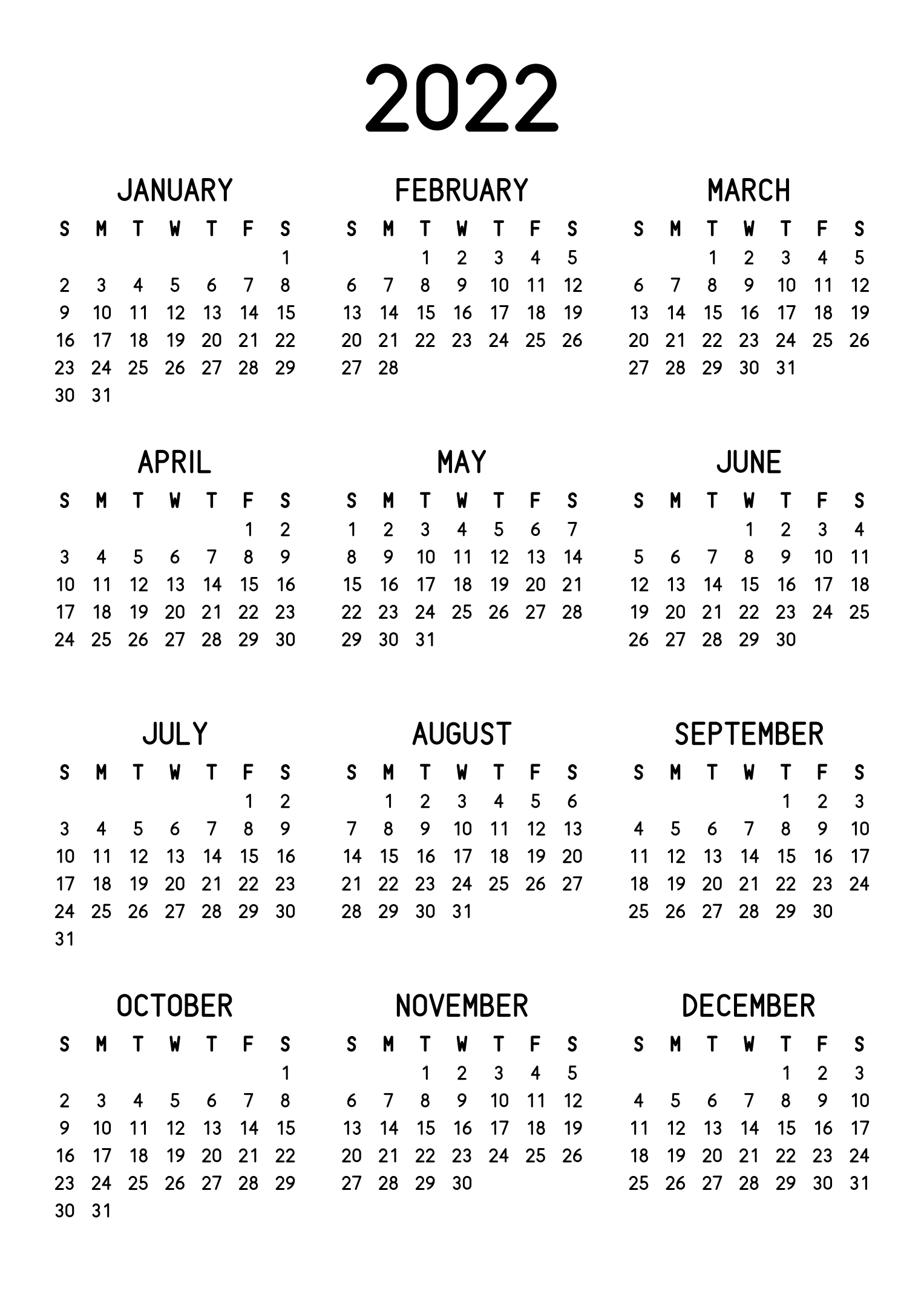 The twelve months of 2022 on one page, the dates set in clean rows, with no lines at all, three months across and four rows, read in portrait. Design: Classic, Vertical.