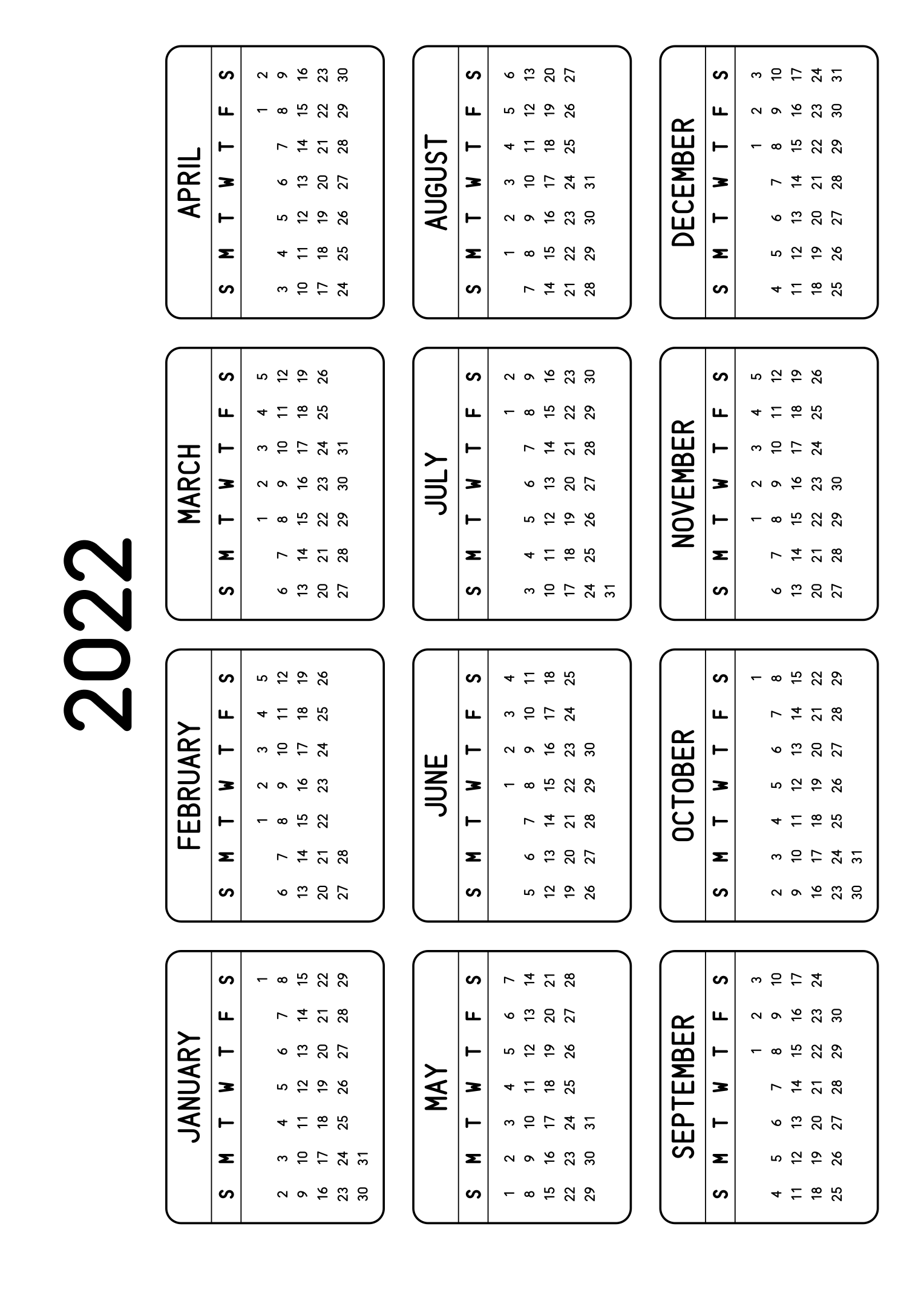 The twelve months of 2022 on one page, each month inside a rounded frame, four months across and three rows, read in landscape once the sheet is turned. Design: Framed, Horizontal.