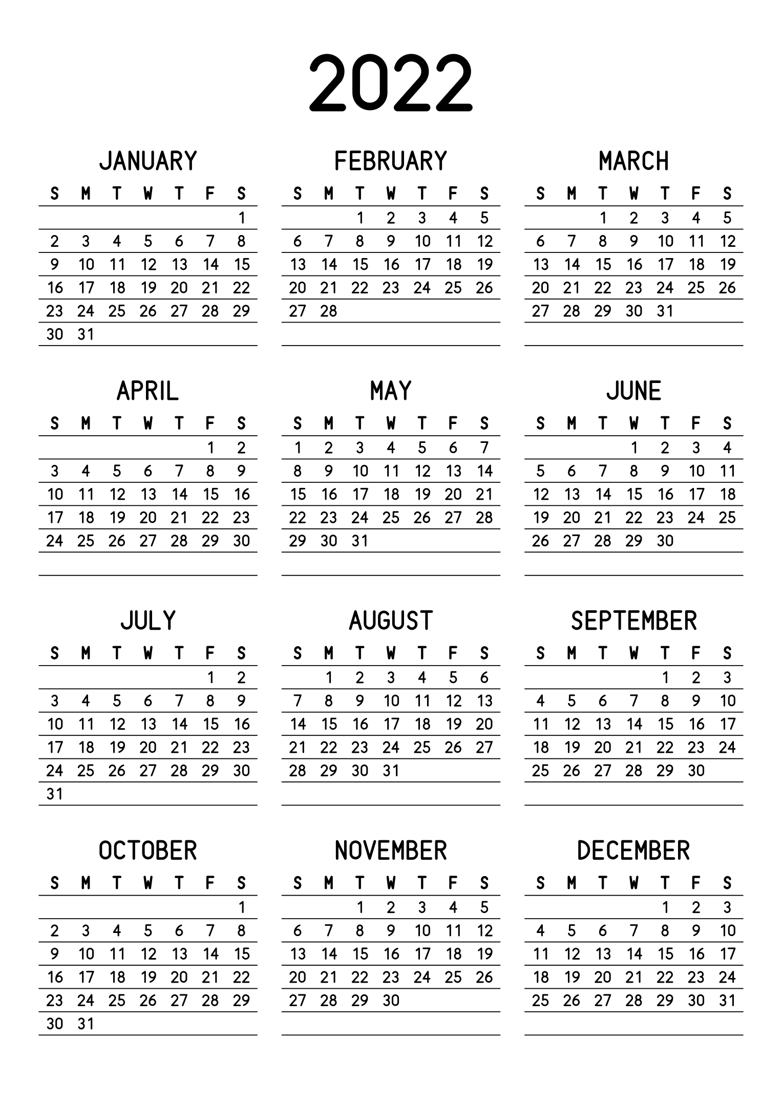 The twelve months of 2022 on one page, a fine line under each week, like a planner, three months across and four rows, read in portrait. Design: Lined, Vertical.