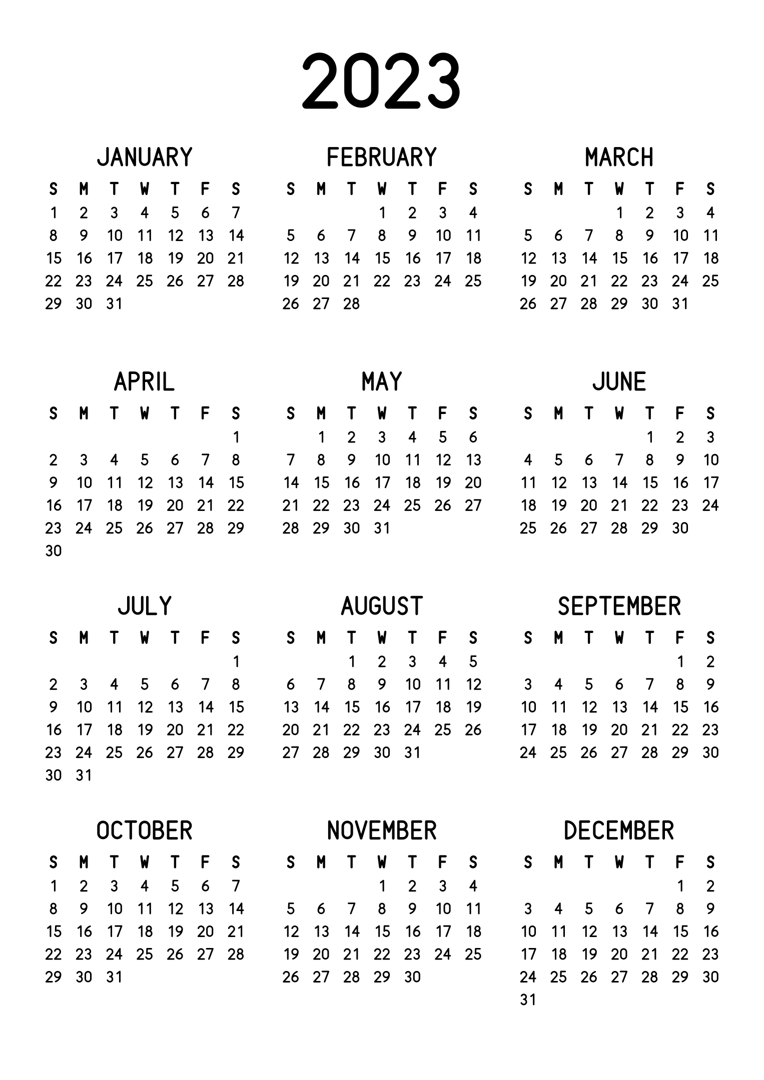 The twelve months of 2023 on one page, the dates set in clean rows, with no lines at all, three months across and four rows, read in portrait. Design: Classic, Vertical.
