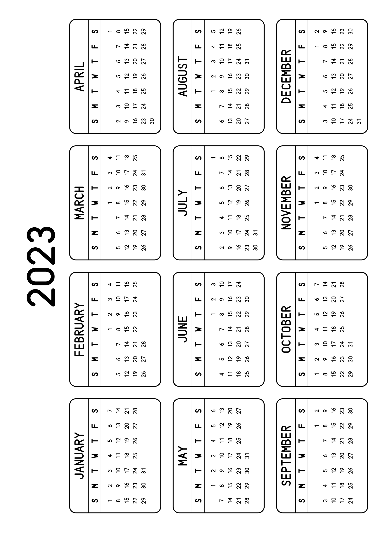 The twelve months of 2023 on one page, each month inside a rounded frame, four months across and three rows, read in landscape once the sheet is turned. Design: Framed, Horizontal.