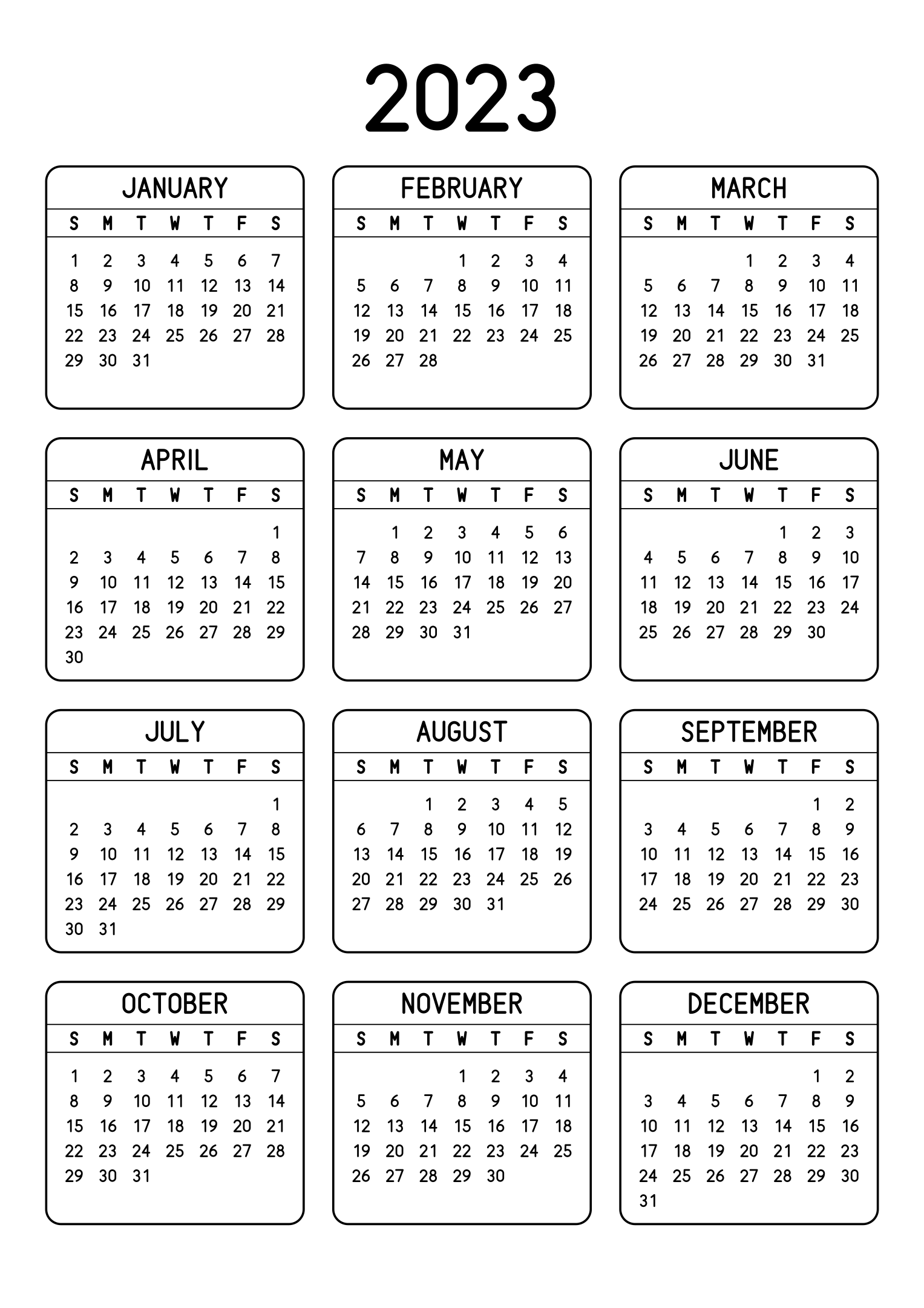 The twelve months of 2023 on one page, each month inside a rounded frame, three months across and four rows, read in portrait. Design: Framed, Vertical.