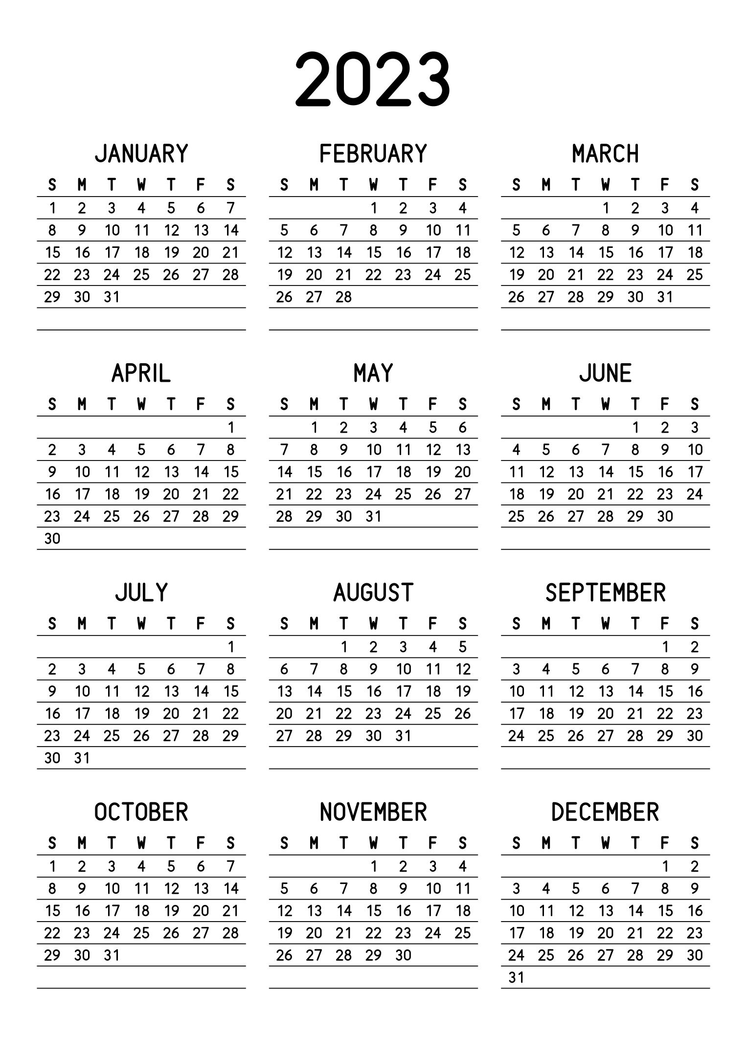 The twelve months of 2023 on one page, a fine line under each week, like a planner, three months across and four rows, read in portrait. Design: Lined, Vertical.