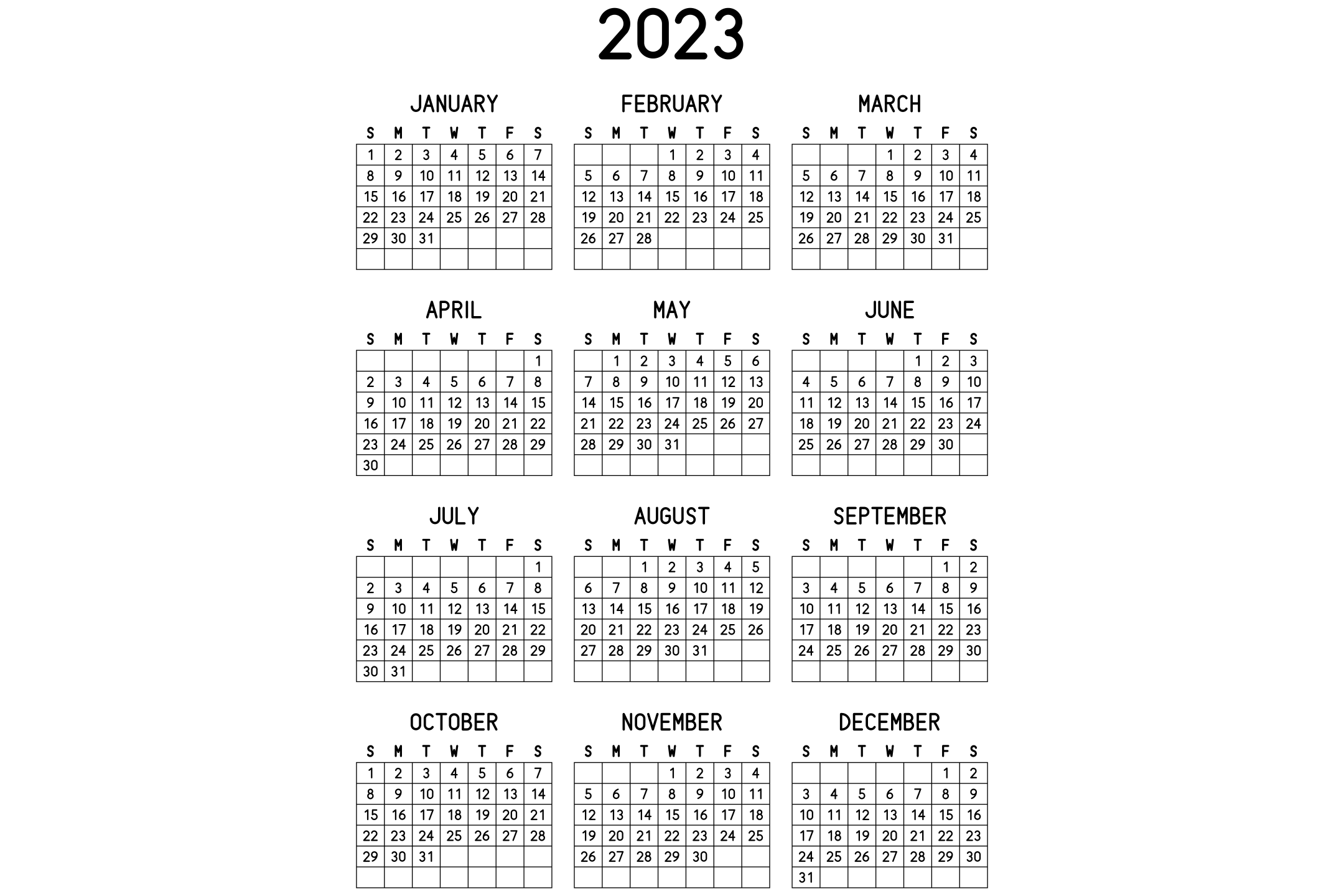 A printable 2023 calendar with the twelve months on one page, in black and white.