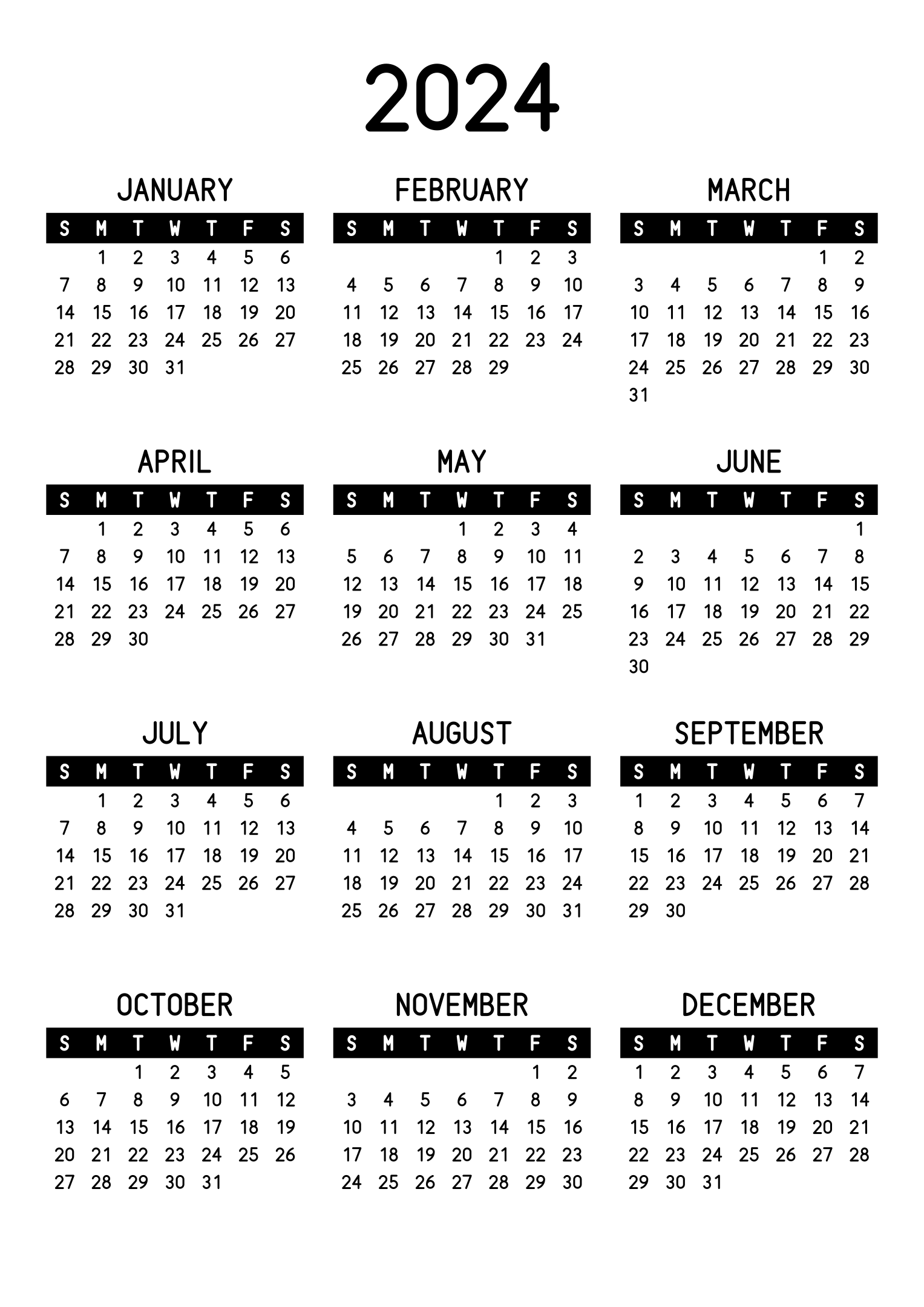 The twelve months of 2024 on one page, the days of the week in white on a black band, three months across and four rows, read in portrait. Design: Banded, Vertical.