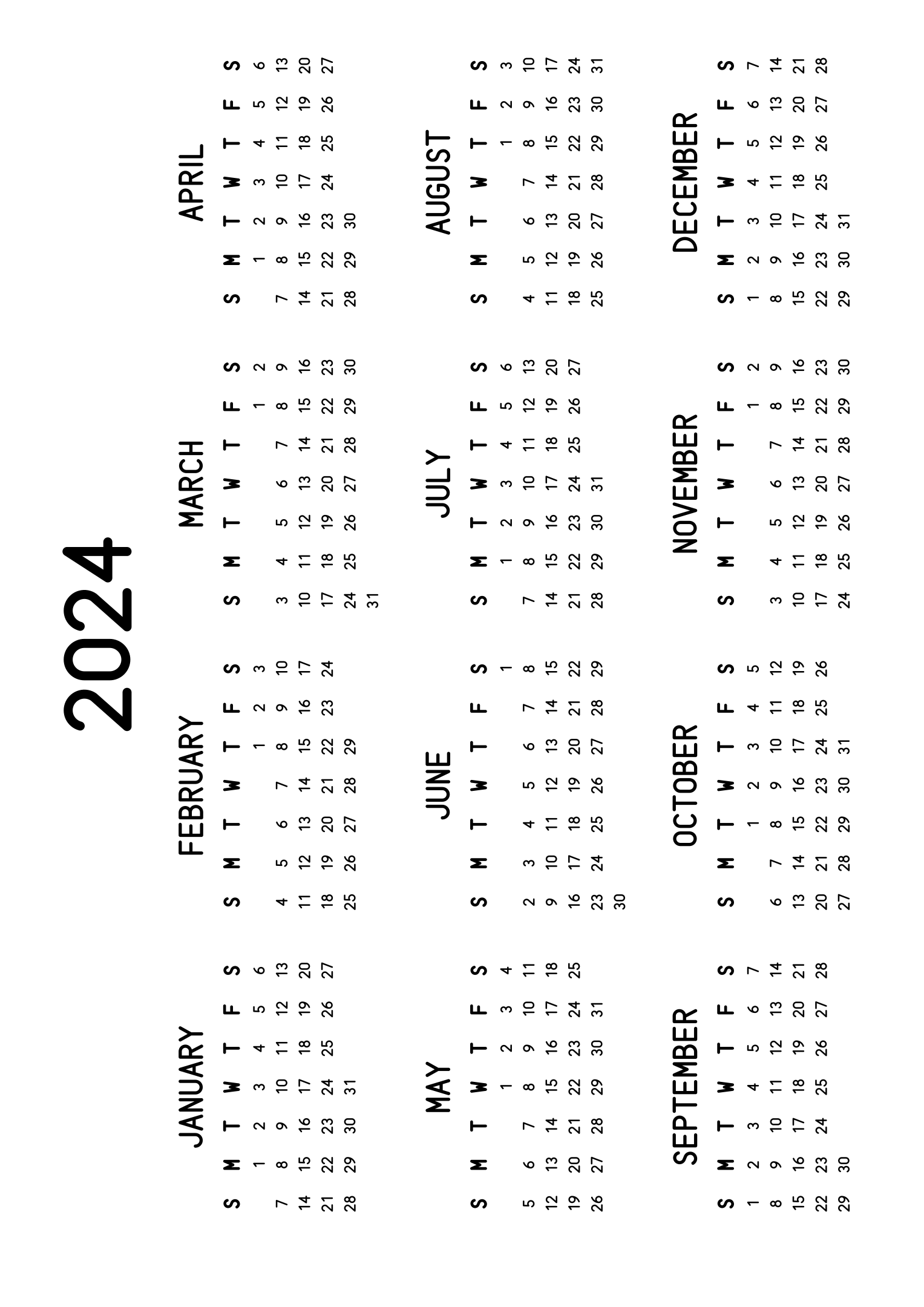 The twelve months of 2024 on one page, the dates set in clean rows, with no lines at all, four months across and three rows, read in landscape once the sheet is turned. Design: Classic, Horizontal.
