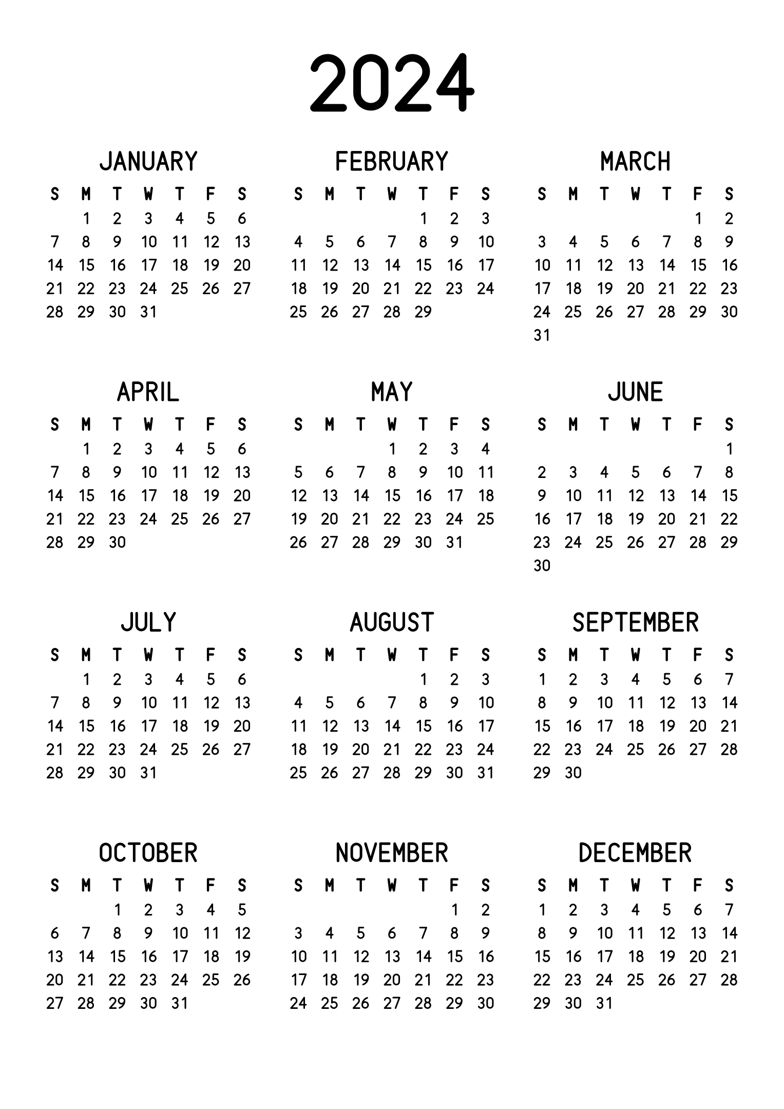 The twelve months of 2024 on one page, the dates set in clean rows, with no lines at all, three months across and four rows, read in portrait. Design: Classic, Vertical.