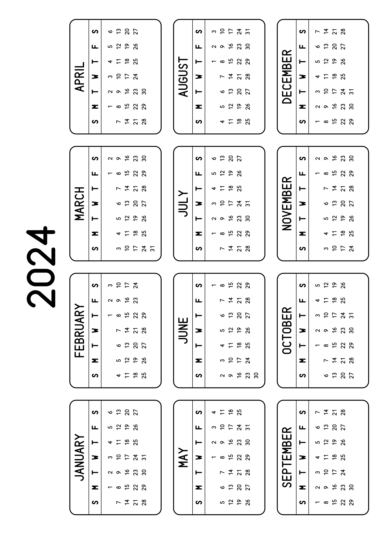 The twelve months of 2024 on one page, each month inside a rounded frame, four months across and three rows, read in landscape once the sheet is turned. Design: Framed, Horizontal.