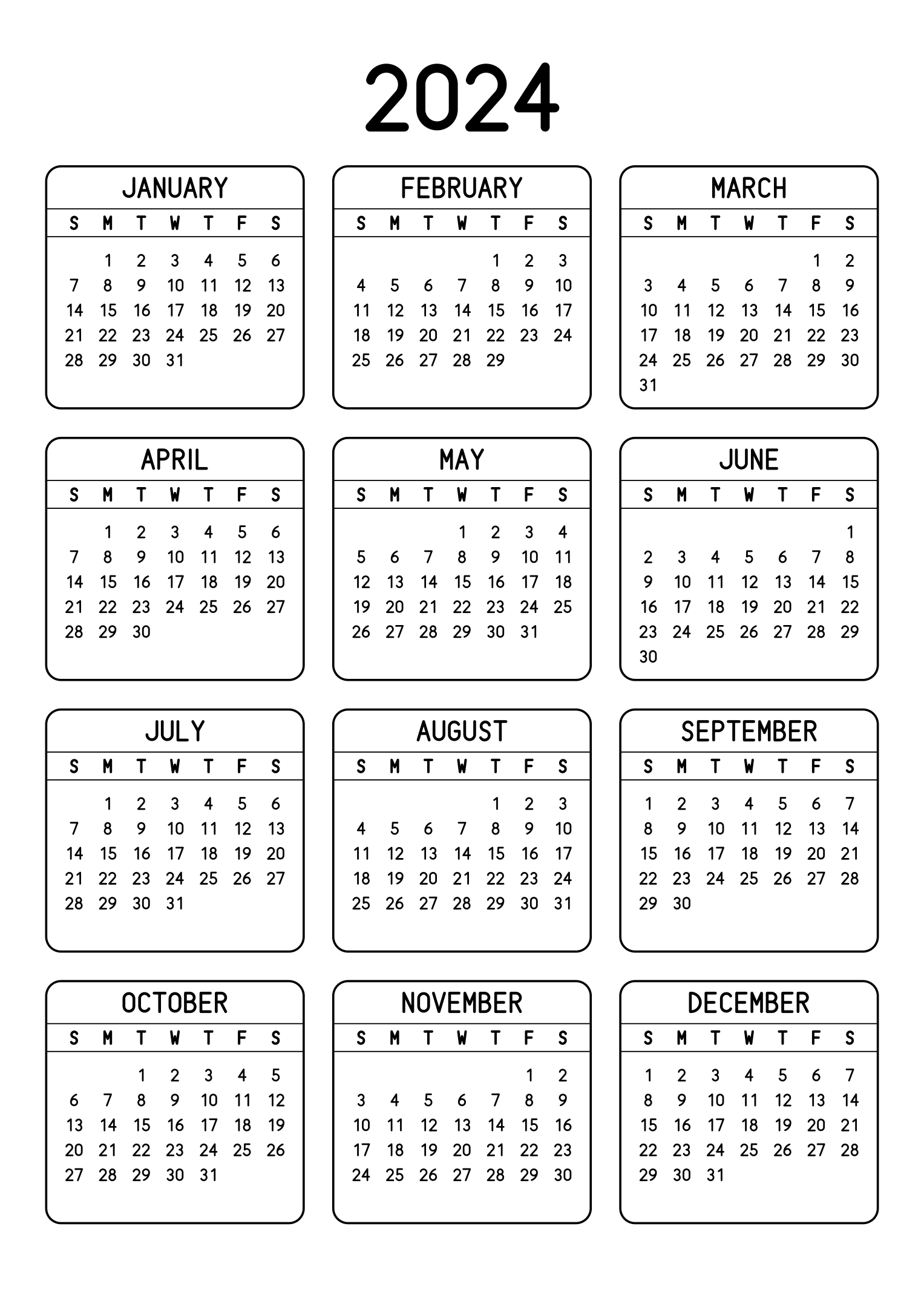 The twelve months of 2024 on one page, each month inside a rounded frame, three months across and four rows, read in portrait. Design: Framed, Vertical.