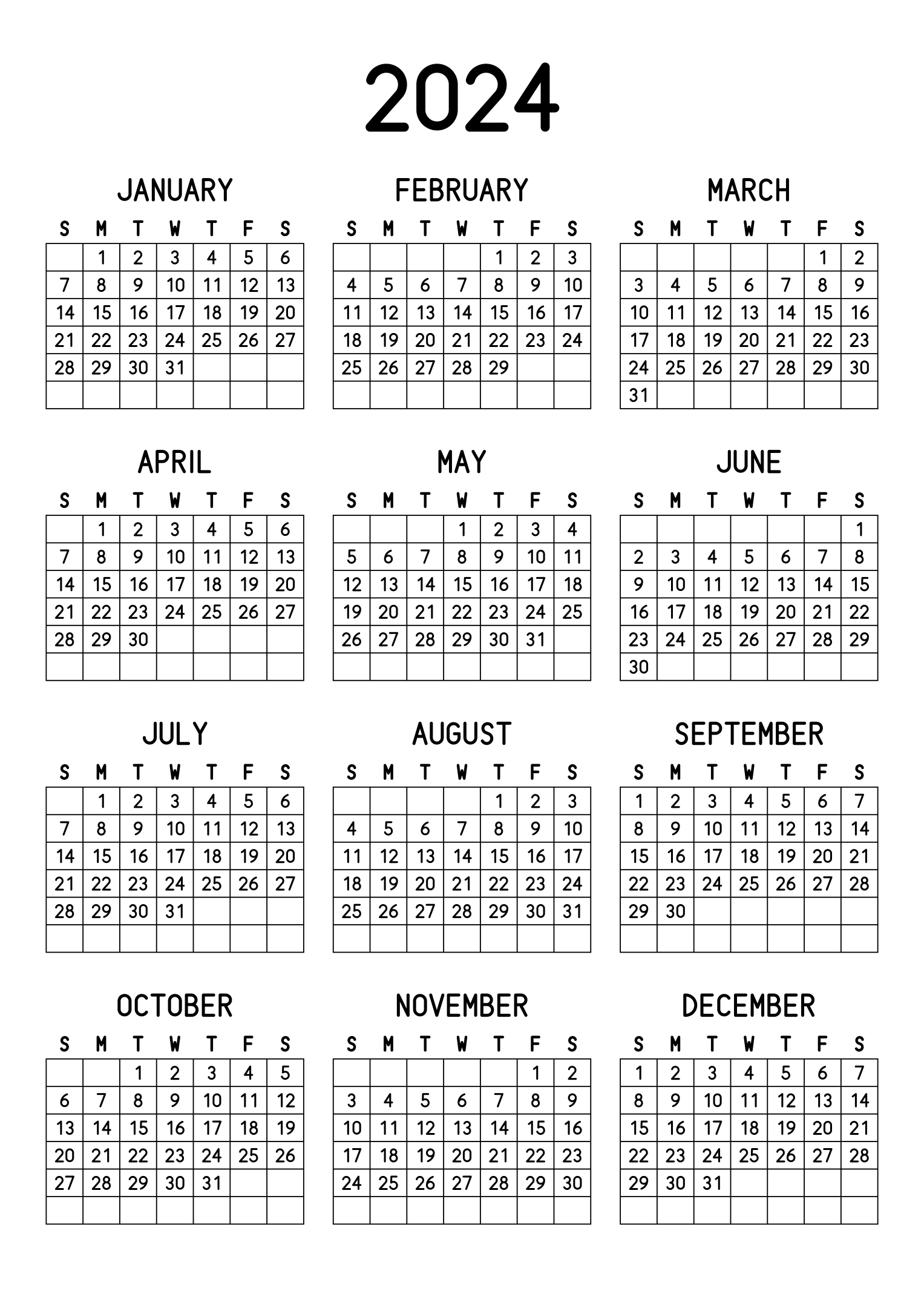 The twelve months of 2024 on one page, every day in its own cell, the weeks drawn as a grid, three months across and four rows, read in portrait. Design: Grid, Vertical.