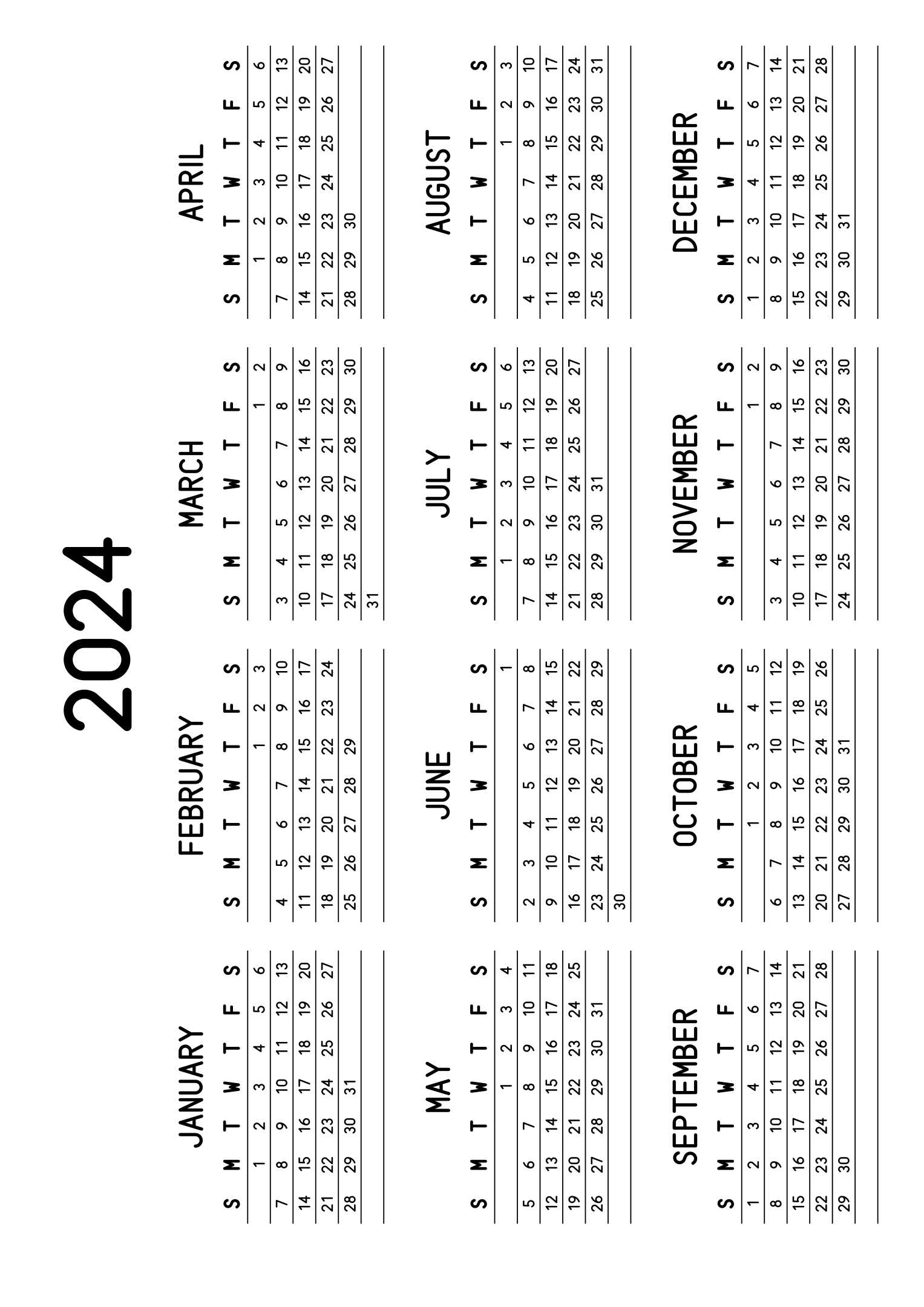 The twelve months of 2024 on one page, a fine line under each week, like a planner, four months across and three rows, read in landscape once the sheet is turned. Design: Lined, Horizontal.