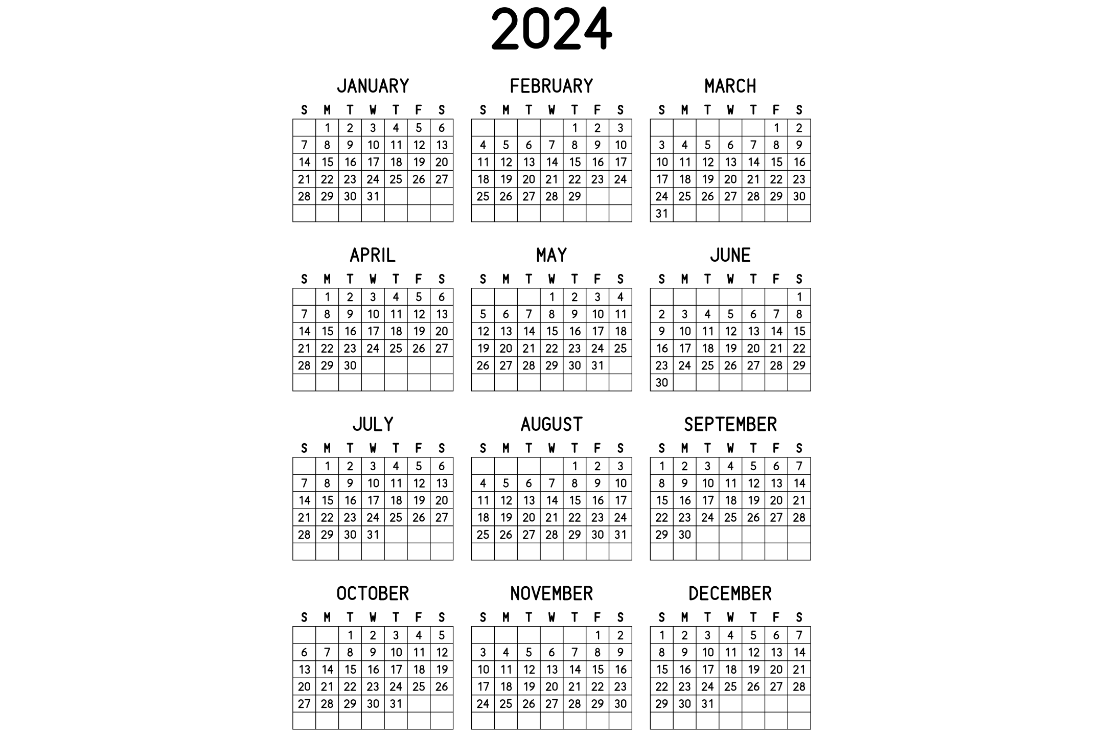 A printable 2024 calendar with the twelve months on one page, in black and white.