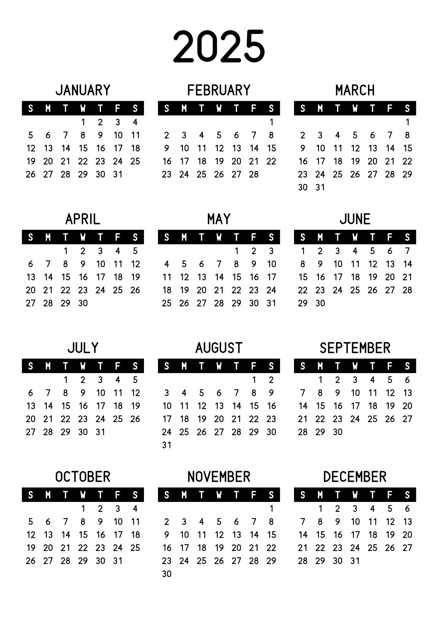 The twelve months of 2025 on one page, the days of the week in white on a black band, three months across and four rows, read in portrait. Design: Banded, Vertical.