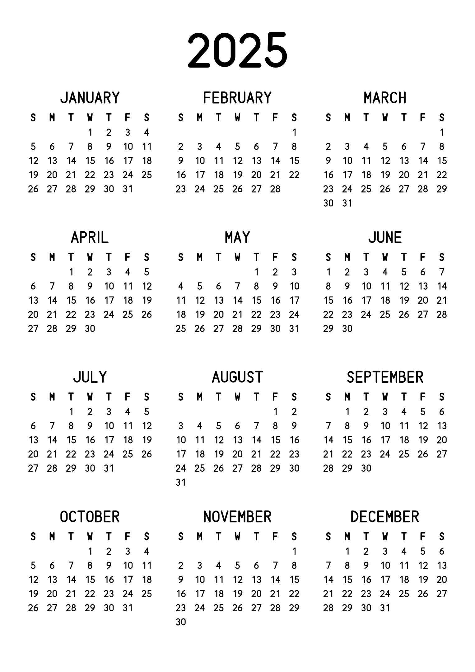 The twelve months of 2025 on one page, the dates set in clean rows, with no lines at all, three months across and four rows, read in portrait. Design: Classic, Vertical.