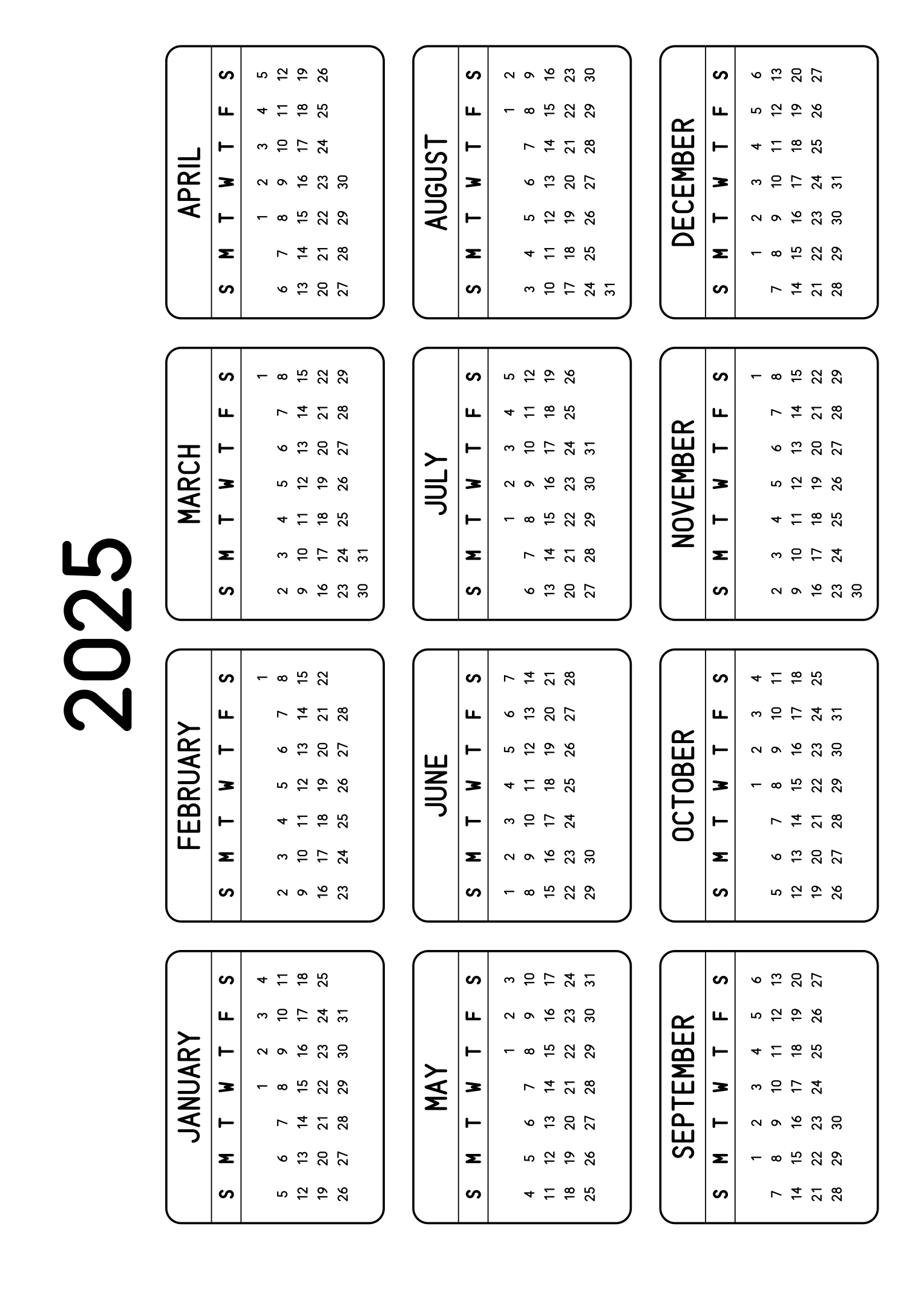 The twelve months of 2025 on one page, each month inside a rounded frame, four months across and three rows, read in landscape once the sheet is turned. Design: Framed, Horizontal.