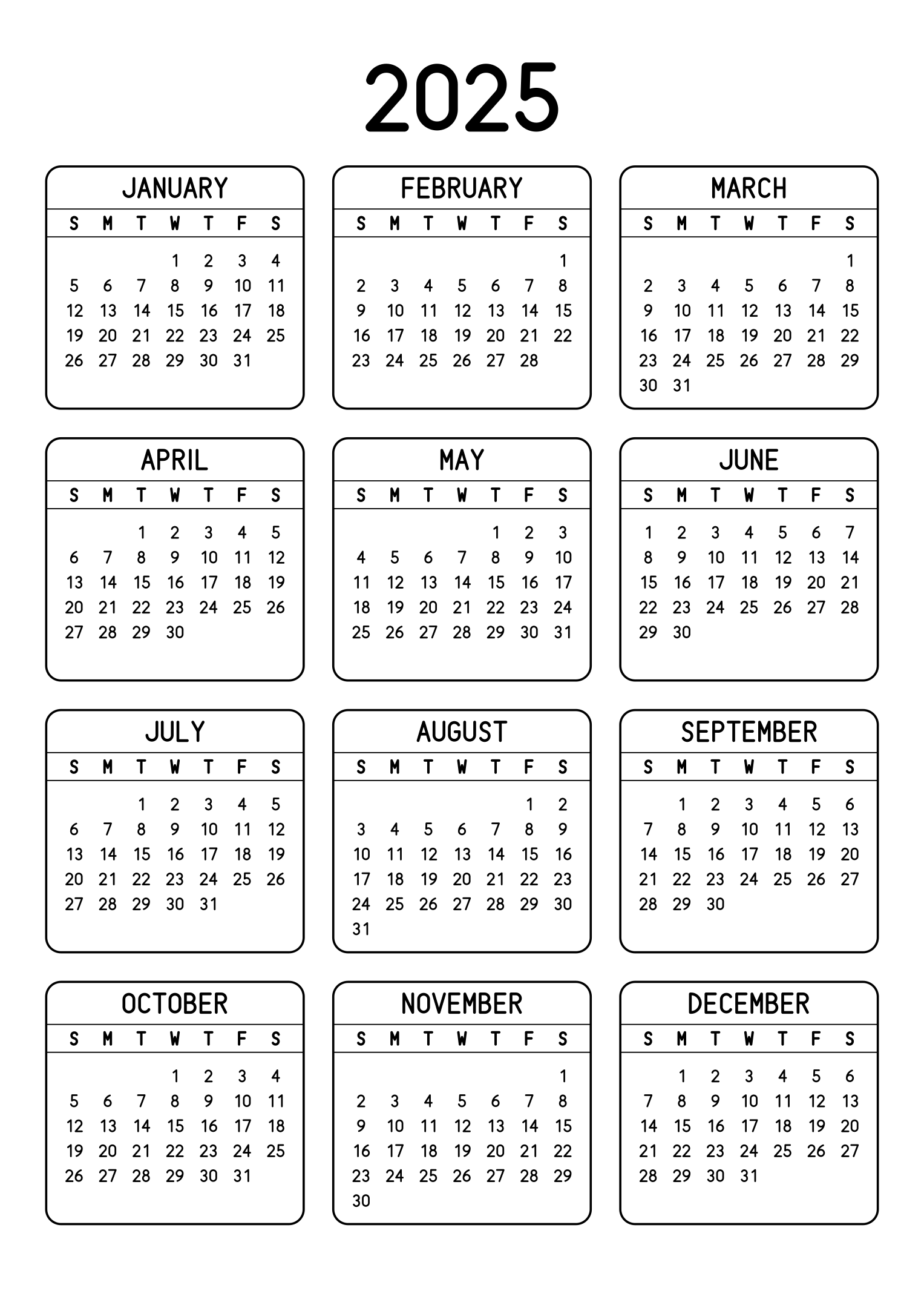 The twelve months of 2025 on one page, each month inside a rounded frame, three months across and four rows, read in portrait. Design: Framed, Vertical.