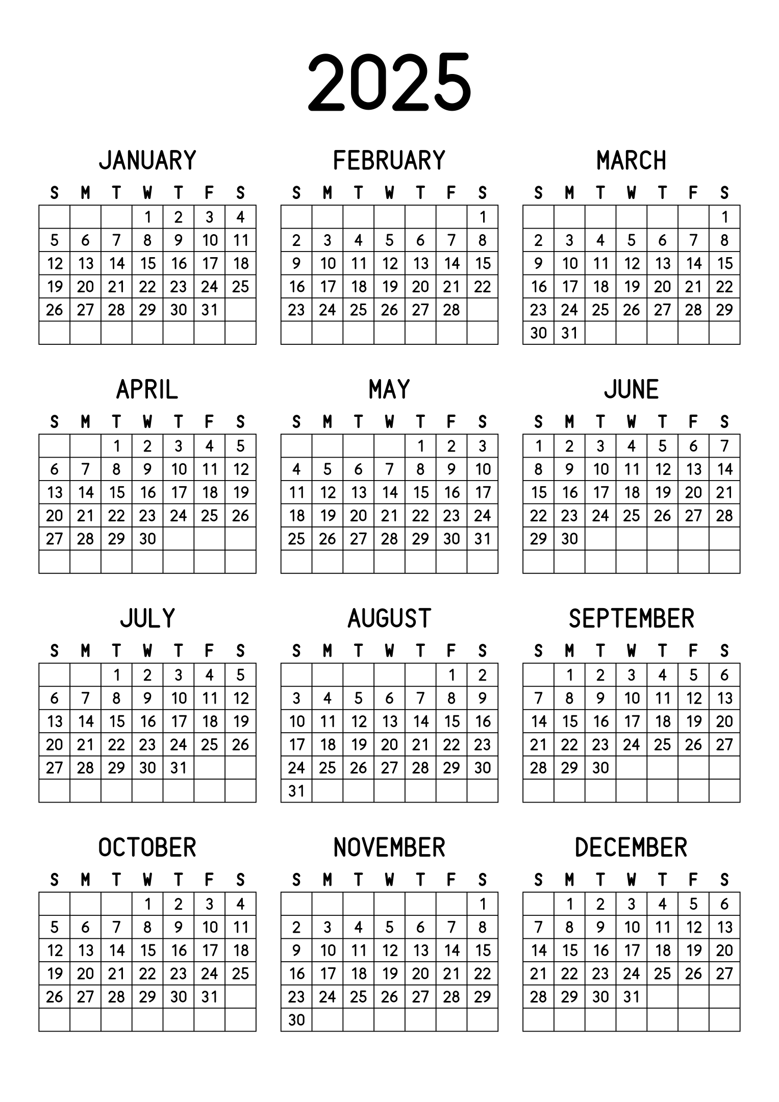 The twelve months of 2025 on one page, every day in its own cell, the weeks drawn as a grid, three months across and four rows, read in portrait. Design: Grid, Vertical.
