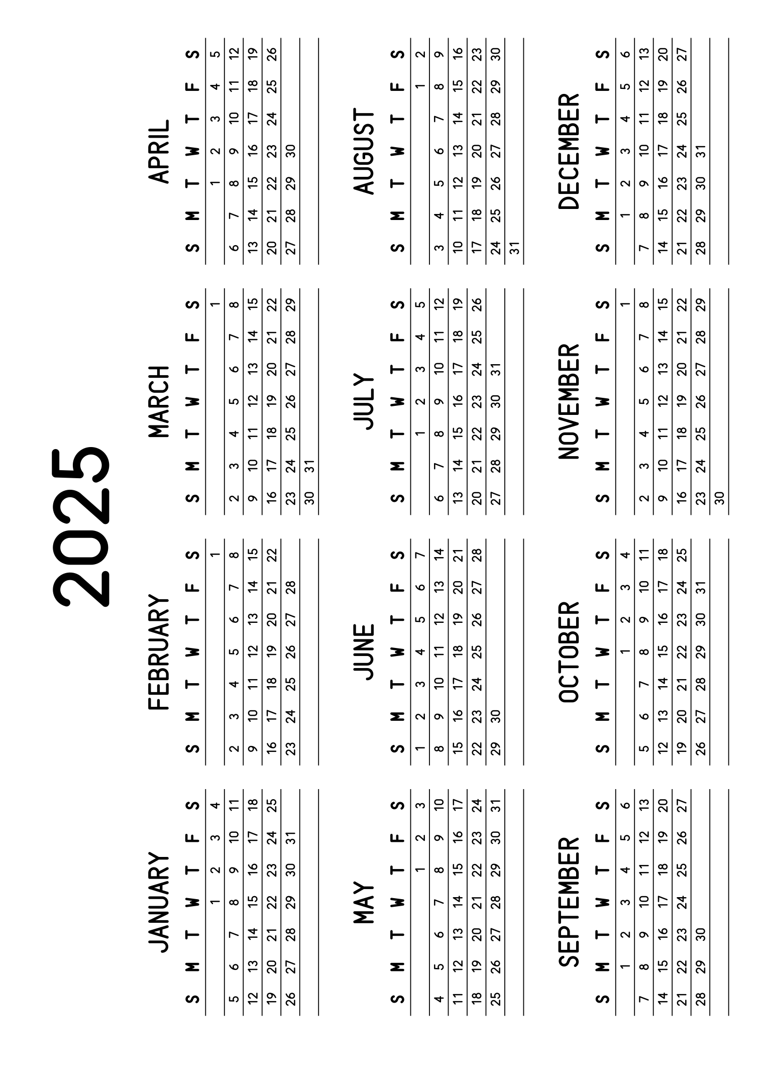 The twelve months of 2025 on one page, a fine line under each week, like a planner, four months across and three rows, read in landscape once the sheet is turned. Design: Lined, Horizontal.