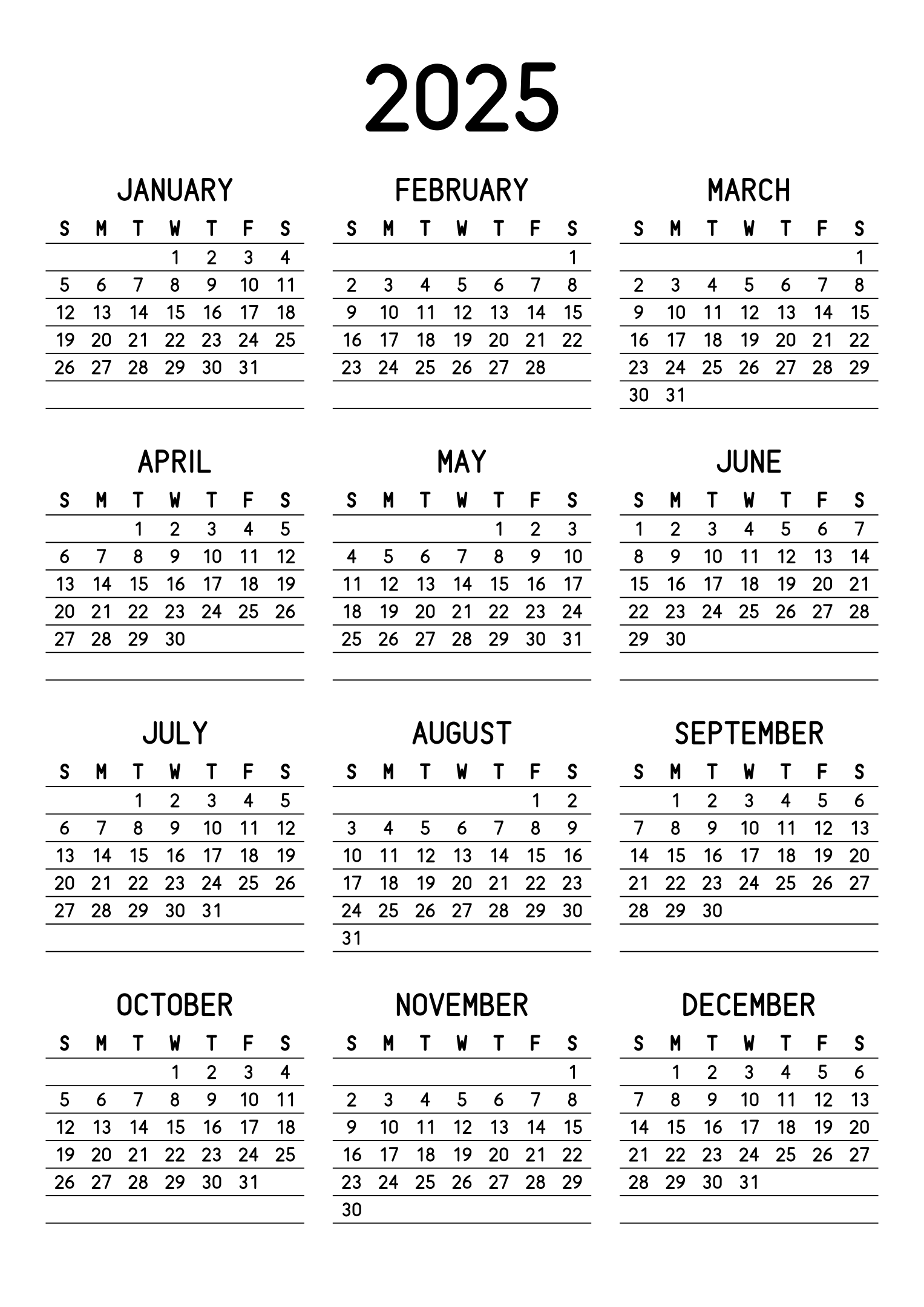 The twelve months of 2025 on one page, a fine line under each week, like a planner, three months across and four rows, read in portrait. Design: Lined, Vertical.