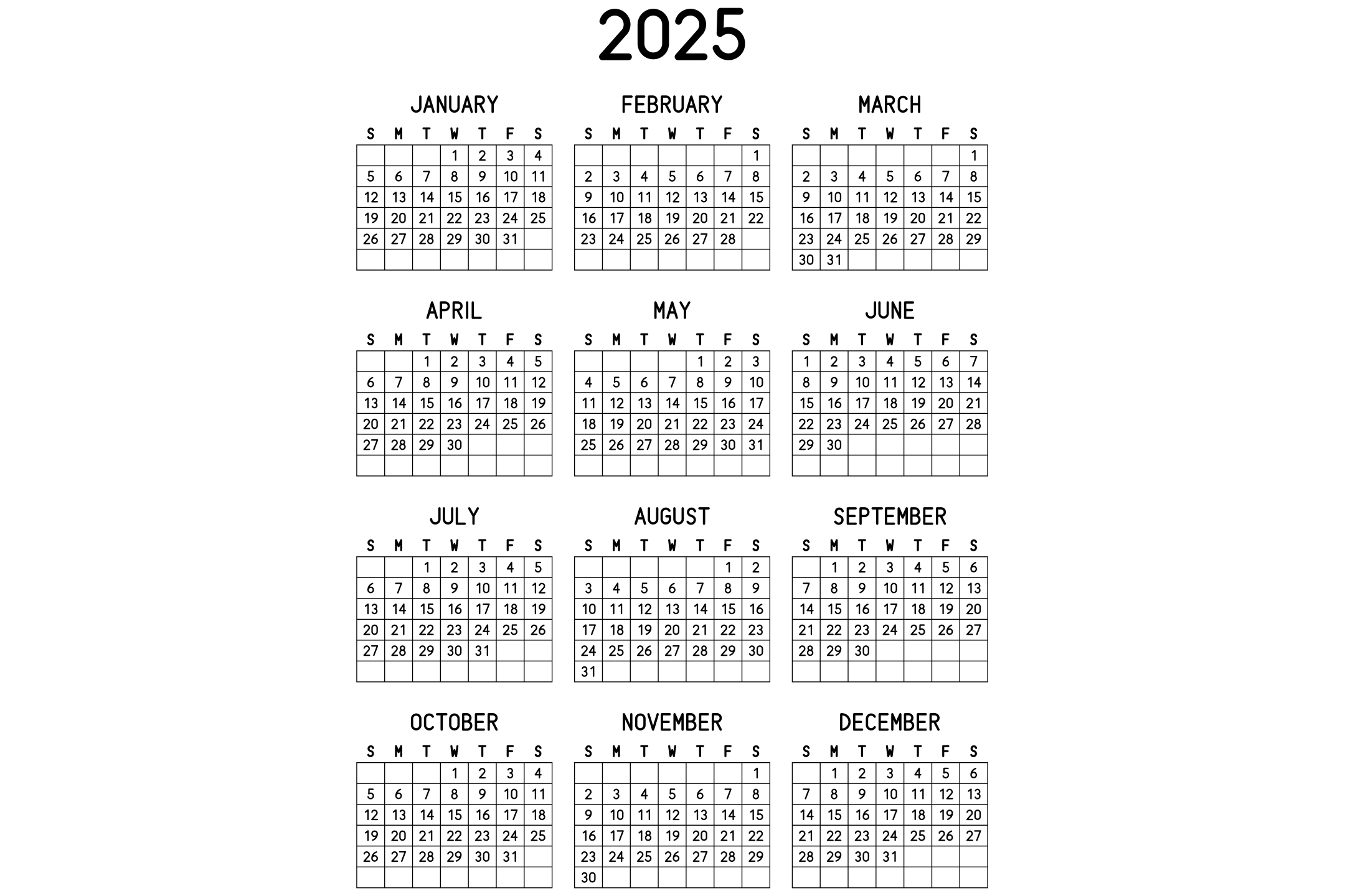 A printable 2025 calendar with the twelve months on one page, in black and white.