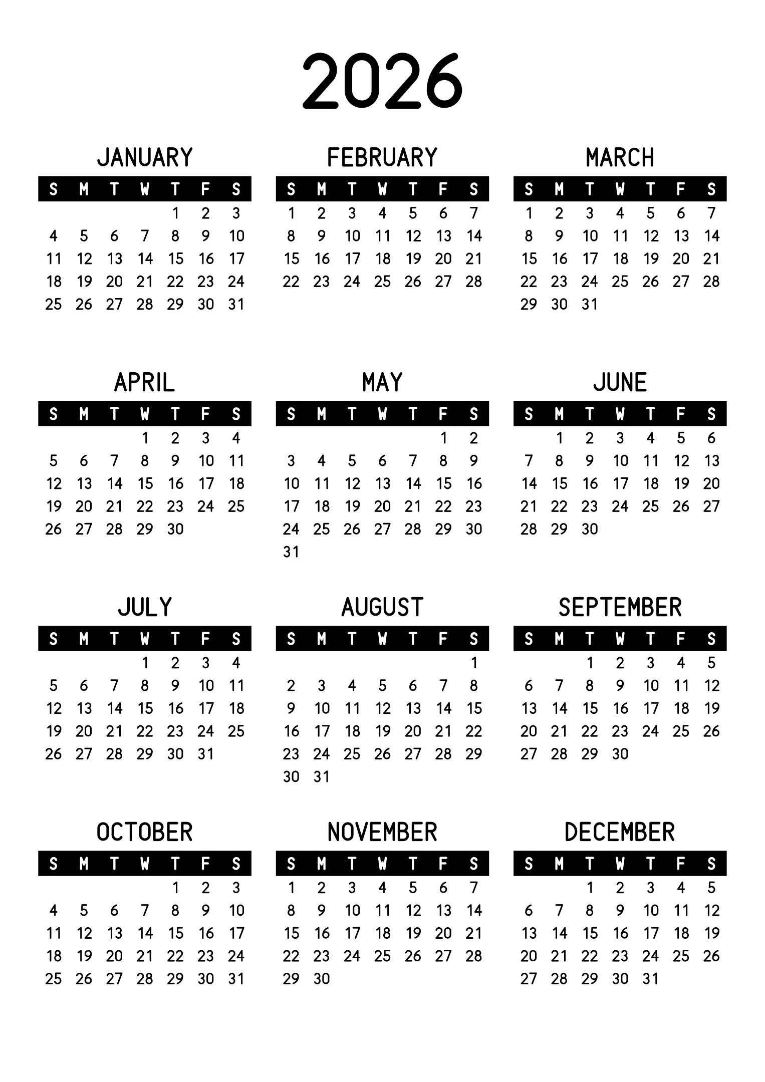 The twelve months of 2026 on one page, the days of the week in white on a black band, three months across and four rows, read in portrait. Design: Banded, Vertical.