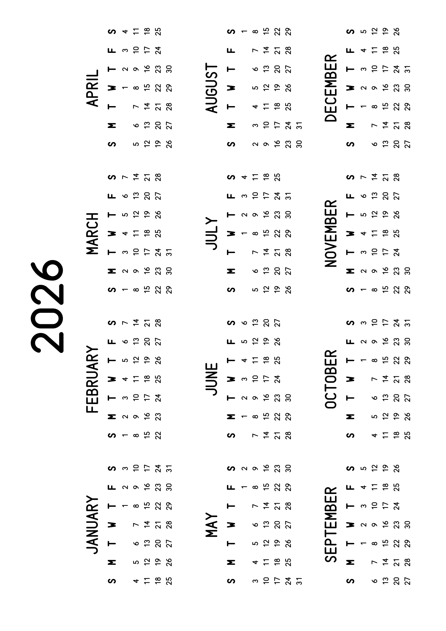The twelve months of 2026 on one page, the dates set in clean rows, with no lines at all, four months across and three rows, read in landscape once the sheet is turned. Design: Classic, Horizontal.
