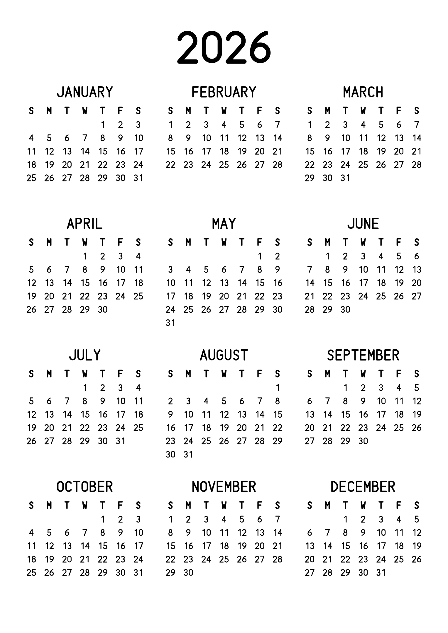 The twelve months of 2026 on one page, the dates set in clean rows, with no lines at all, three months across and four rows, read in portrait. Design: Classic, Vertical.