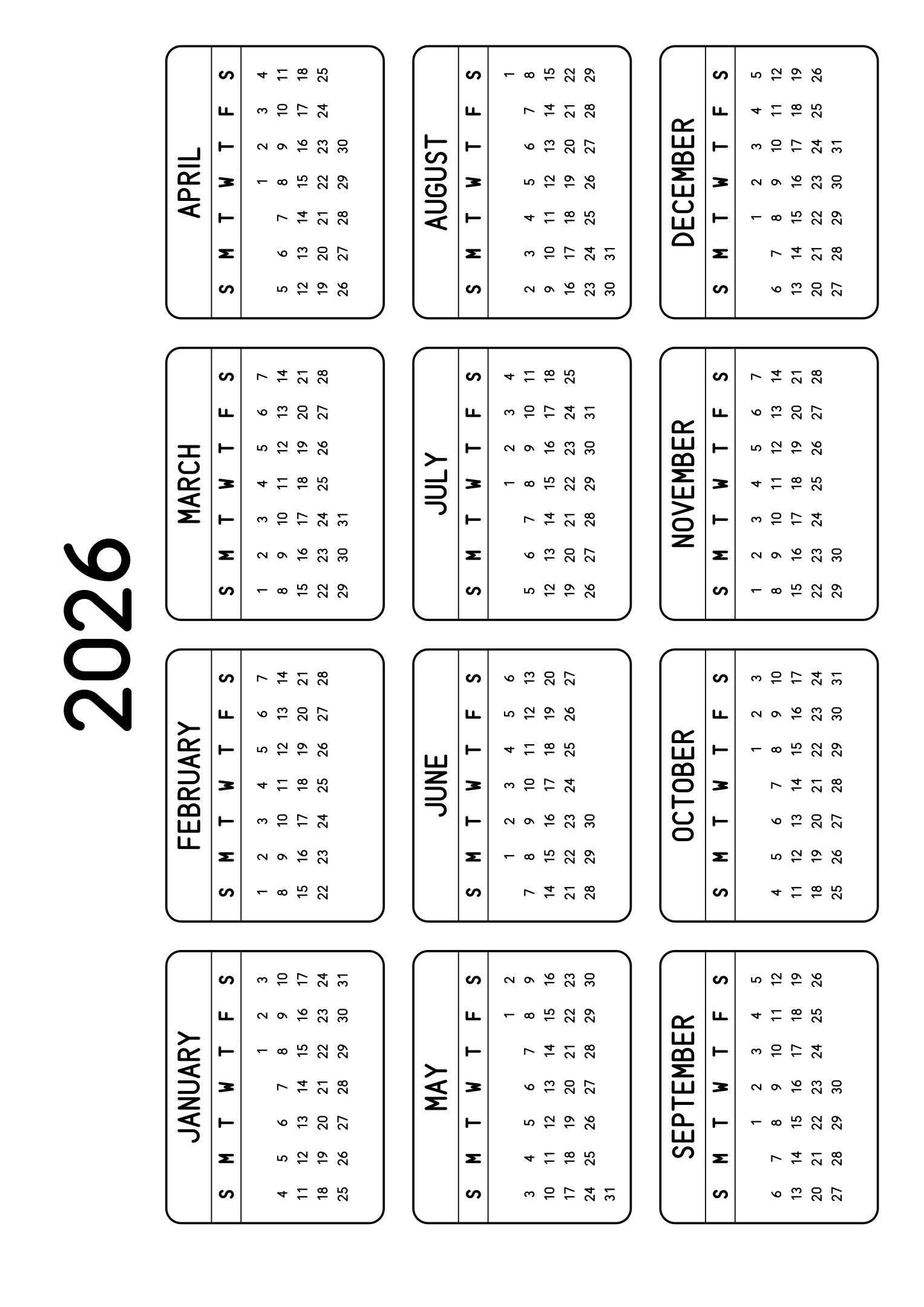 The twelve months of 2026 on one page, each month inside a rounded frame, four months across and three rows, read in landscape once the sheet is turned. Design: Framed, Horizontal.